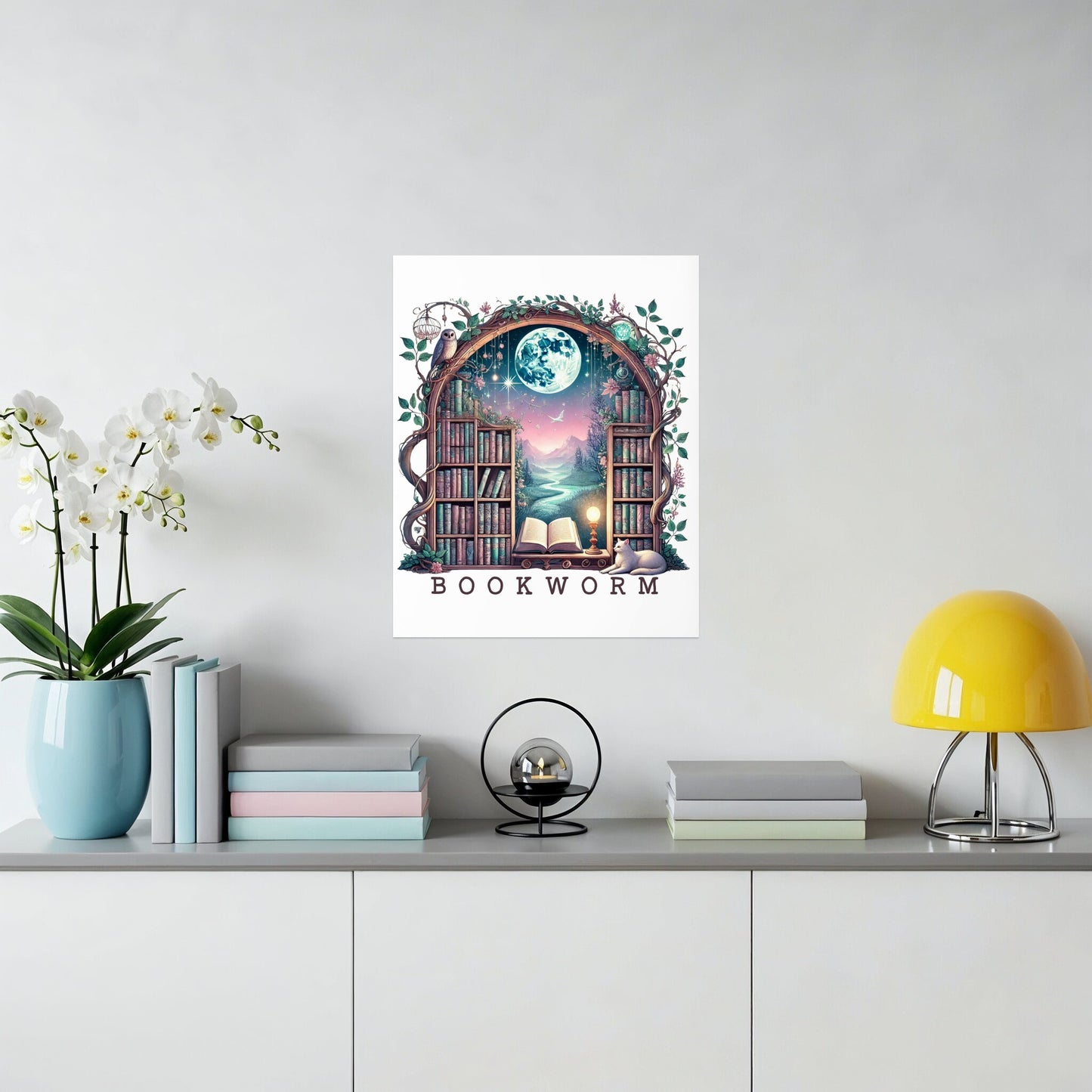 Bookworm Poster with Library and Moon theme product type