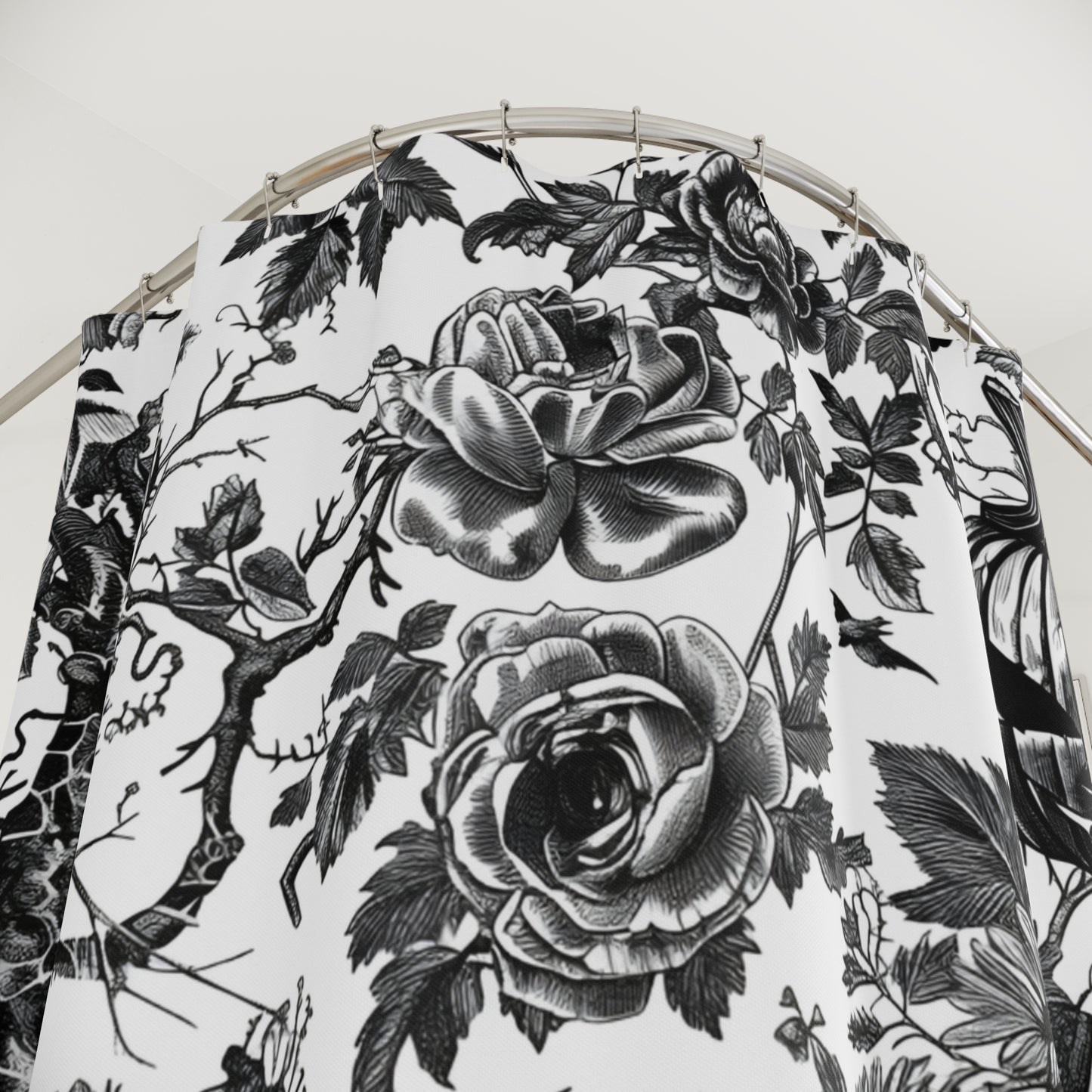 Black and White Floral Print Bathroom Shower Curtainproduct