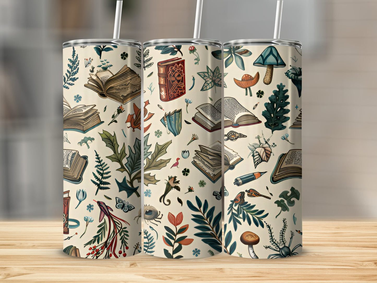 Vintage Books and Nature Inspired Pattern on Drinkware product