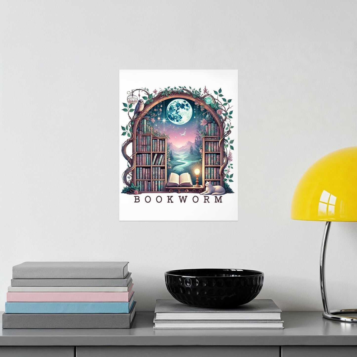 Bookworm Moon and Books Fantasy Art Print product