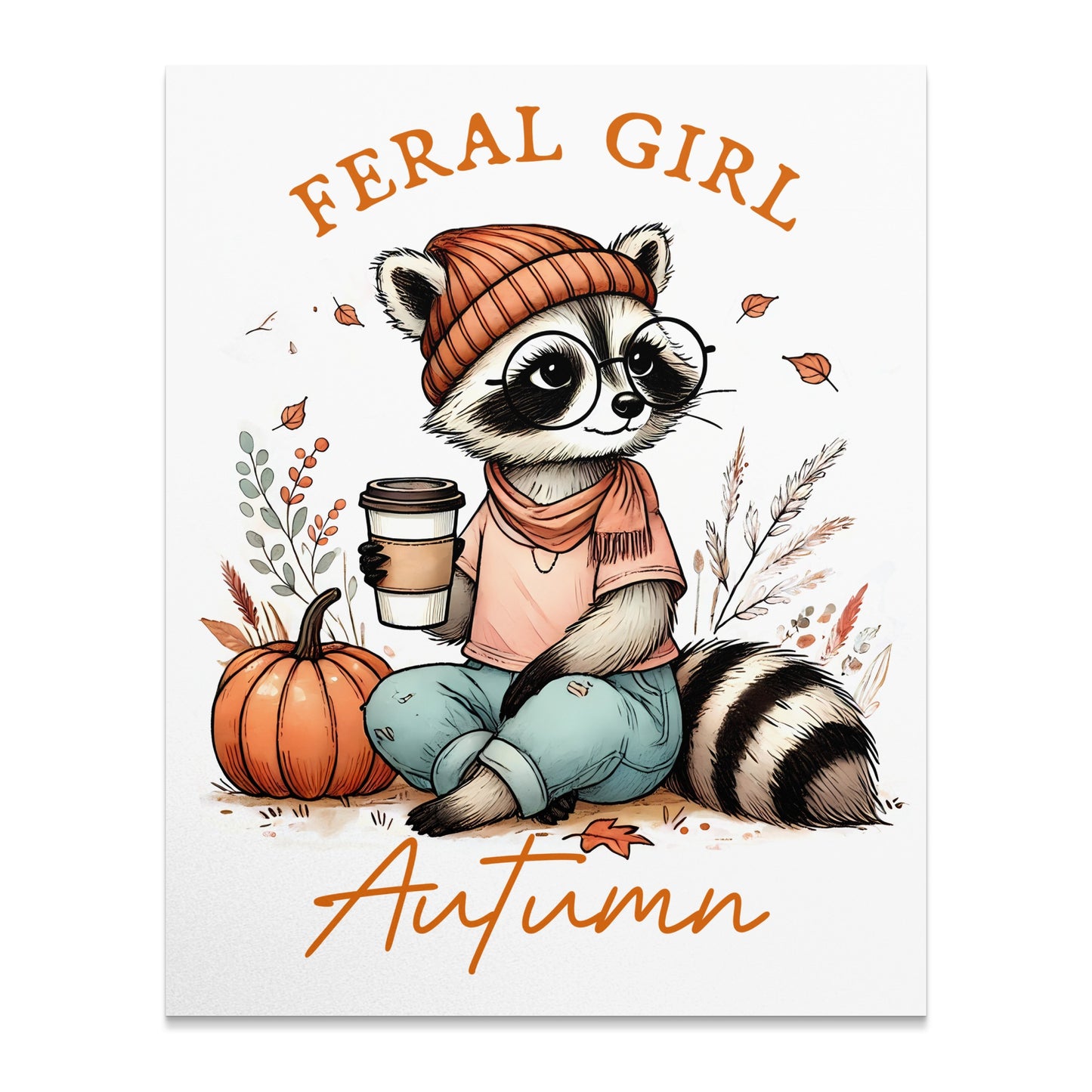 Feral Girl Autumn Theme Cute Raccoon Art Print product type