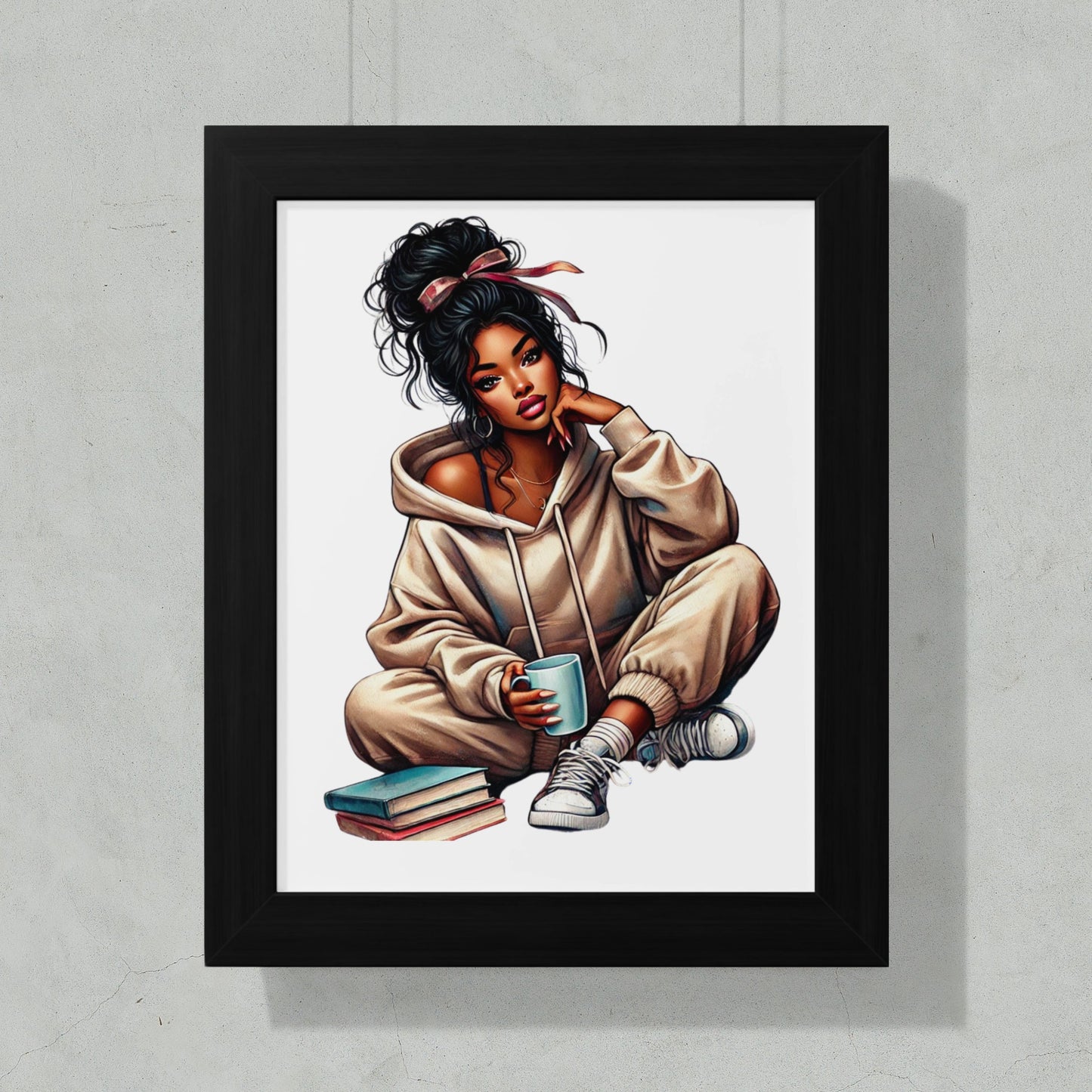 Woman in Hoodie with Books and Coffee Art product
