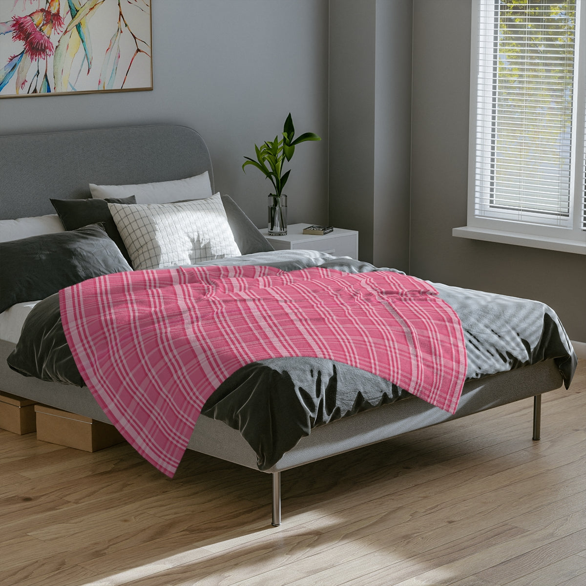 Pink Plaid Minky Throw Blanket Adult, Fleece Velveteen Blanket, Cute Plush