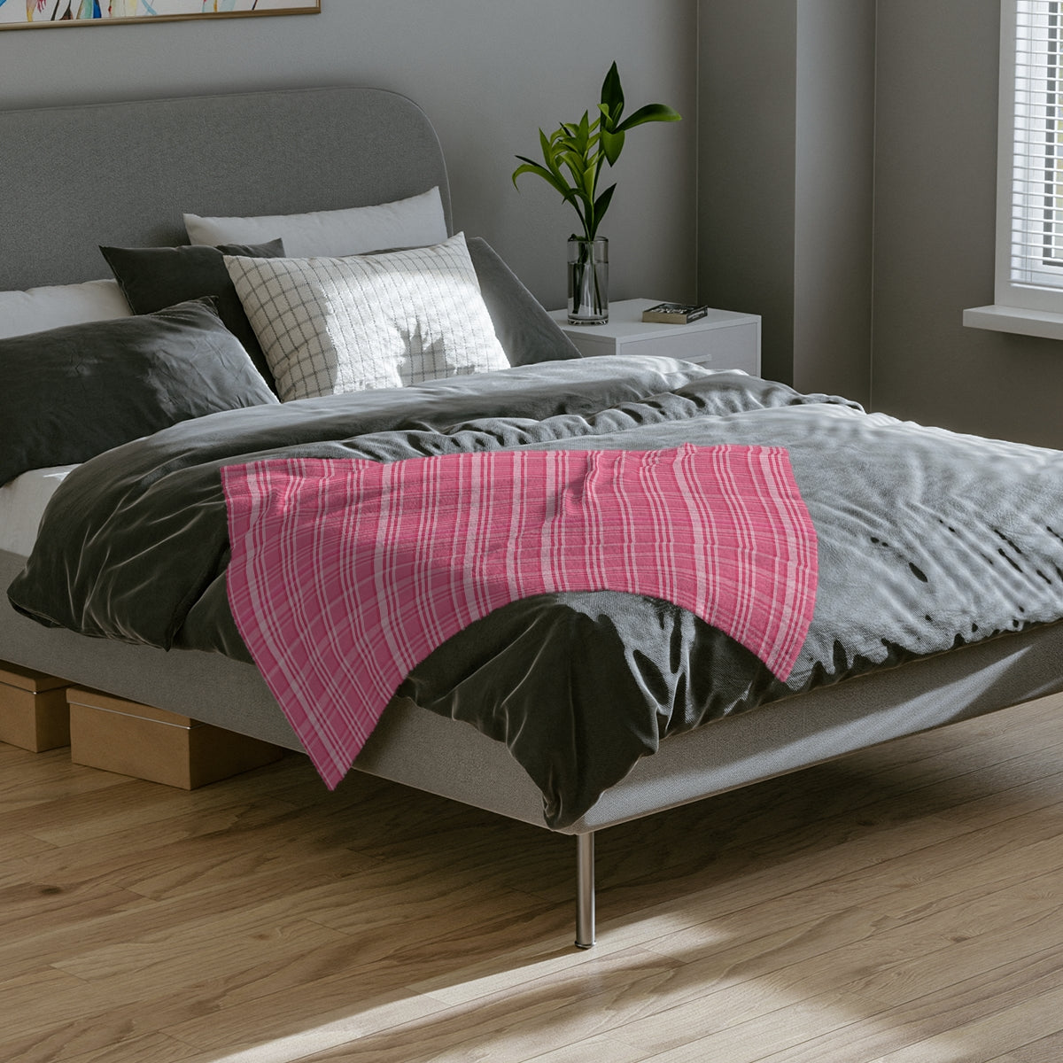 Pink Plaid Minky Throw Blanket Adult, Fleece Velveteen Blanket, Cute Plush