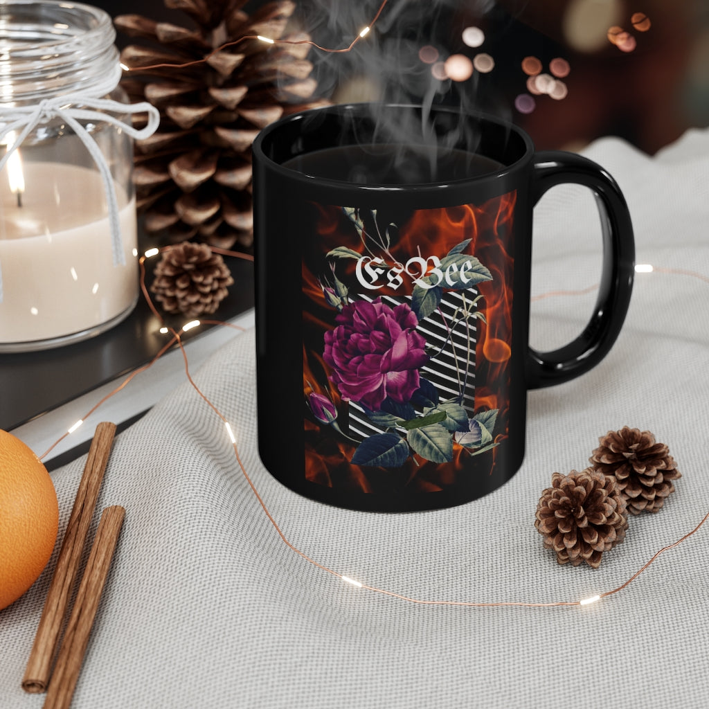 Rose Abstract Coffee Mug, Cute Flower Black Cup Ceramic, 11oz, Esbee Custom