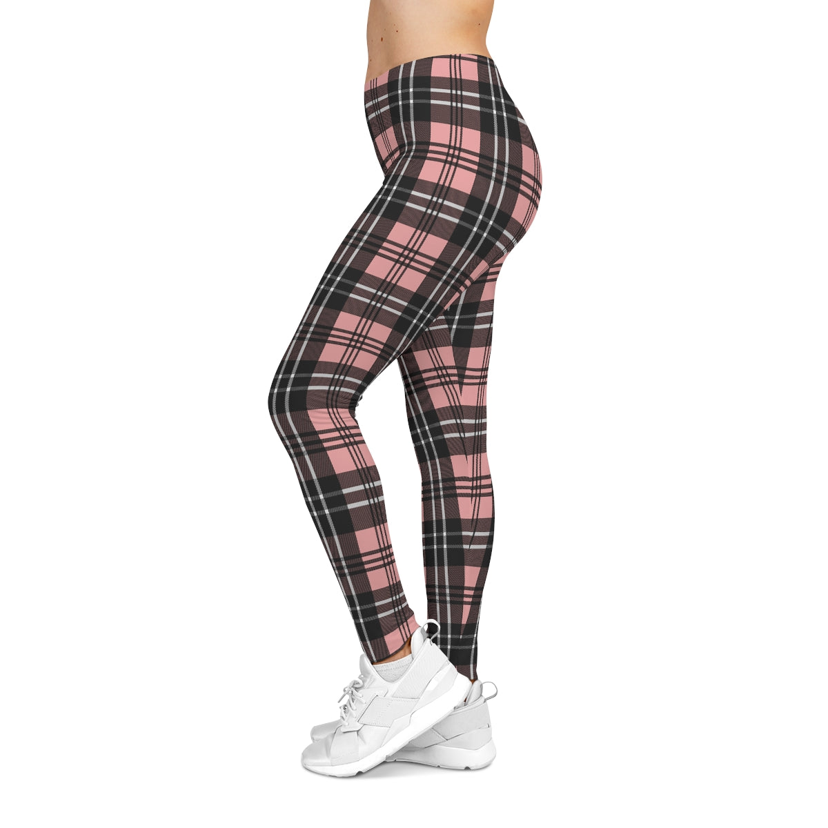 Pink Plaid Leggings, Women's All Over Print Cute Trendy Workout Yoga Pants,