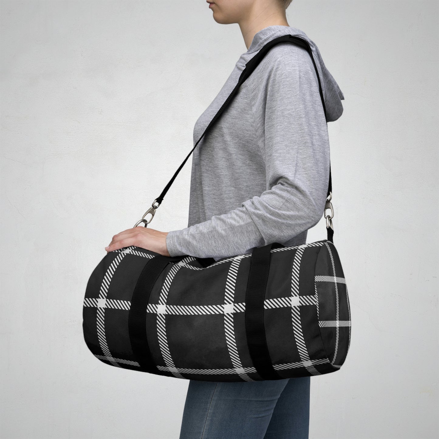 Black Check Duffle Bag, Weekender Duffle Bag, Carry on Travel Overnight Canvas Duffel Bag