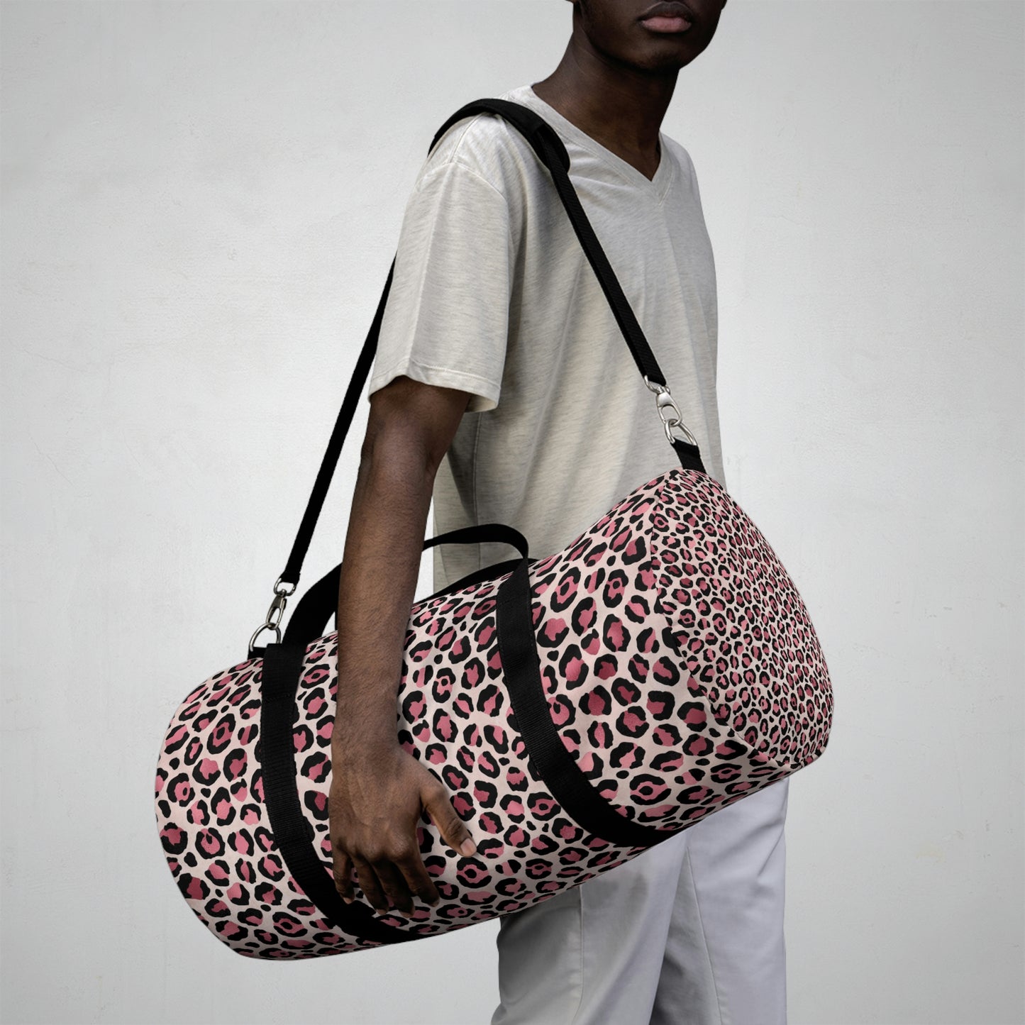 Pink Leopard Print Duffle Bag, Weekender Duffle Bag, Carry-on Travel Overnight Canvas Duffel Bag