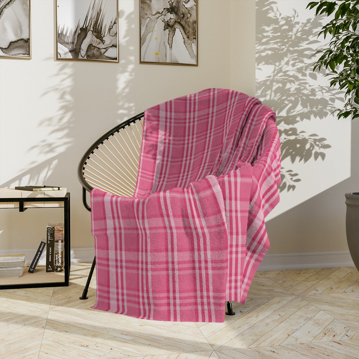 Pink Plaid Minky Throw Blanket Adult, Fleece Velveteen Blanket, Cute Plush