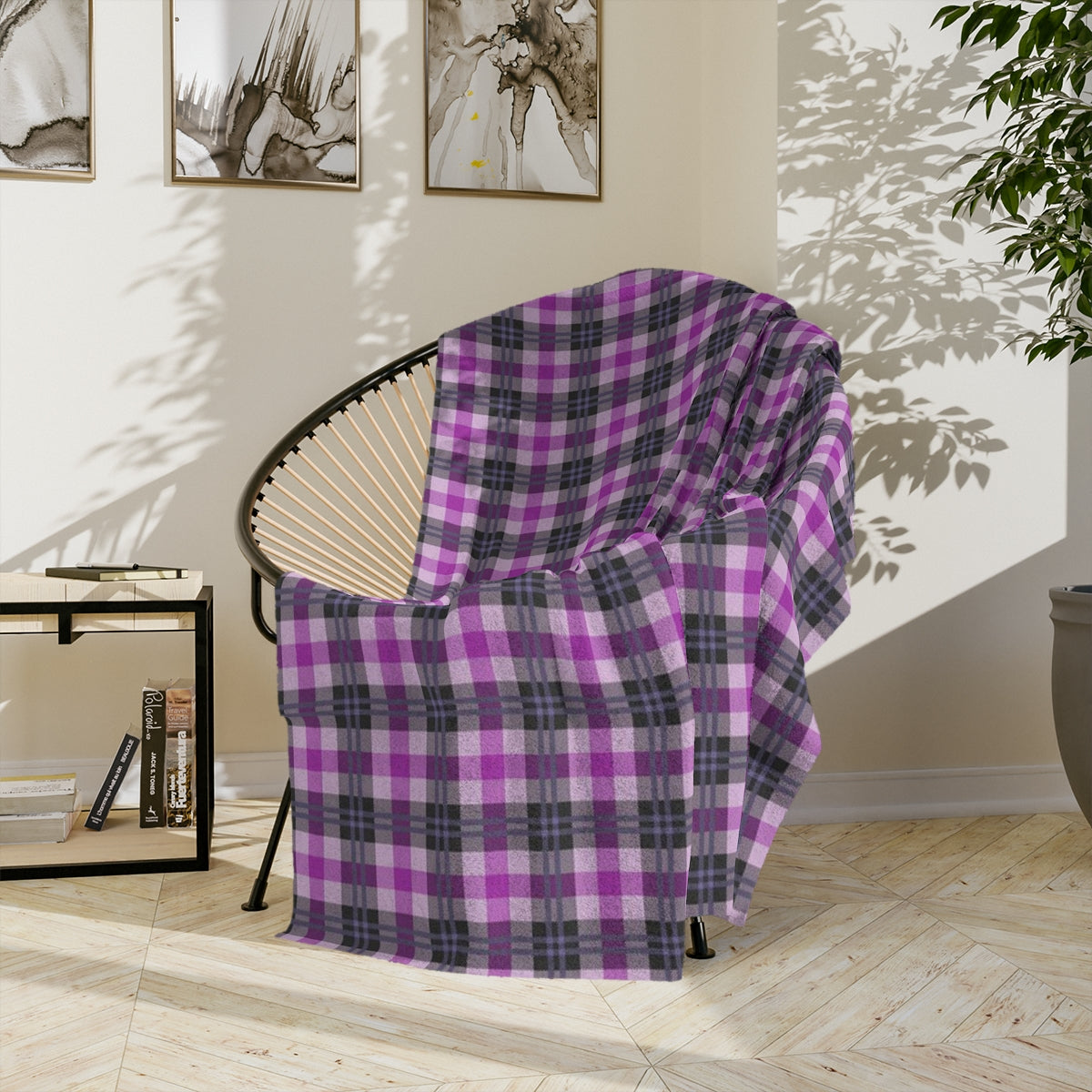 Purple Plaid Throw Blanket, Fleece Blanket, Minky Blanket Adult, Velveteen, Cute Plush Blanket