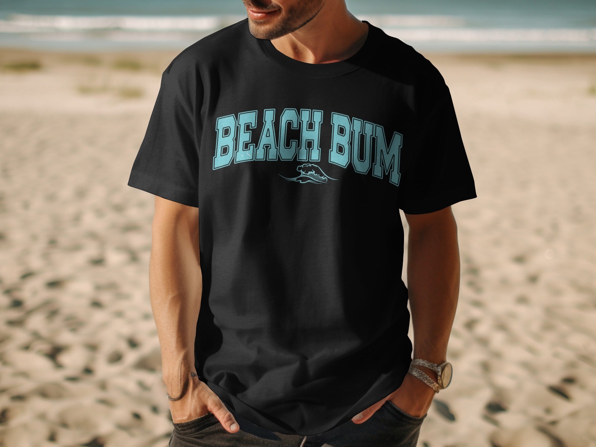 Black t-shirt with "BEACH BUM" text and wave graphic.