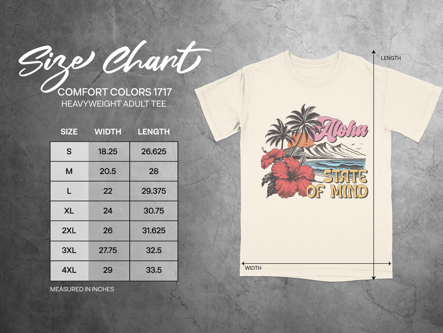 Comfort Colors 1717 size chart for heavyweight adult tee with Aloha graphic.