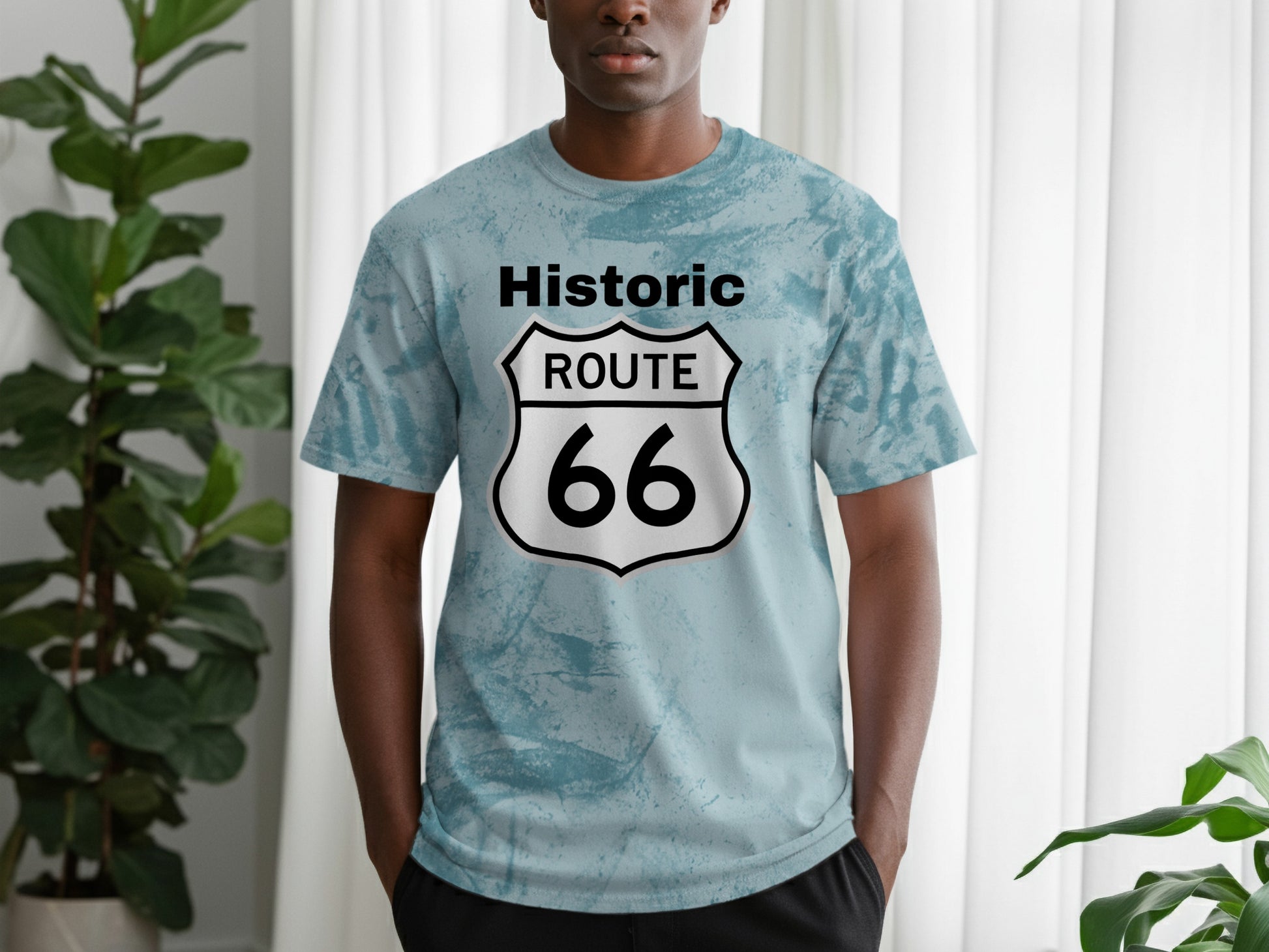 Light blue tie-dye t-shirt with black and white "Historic Route 66" shield logo.