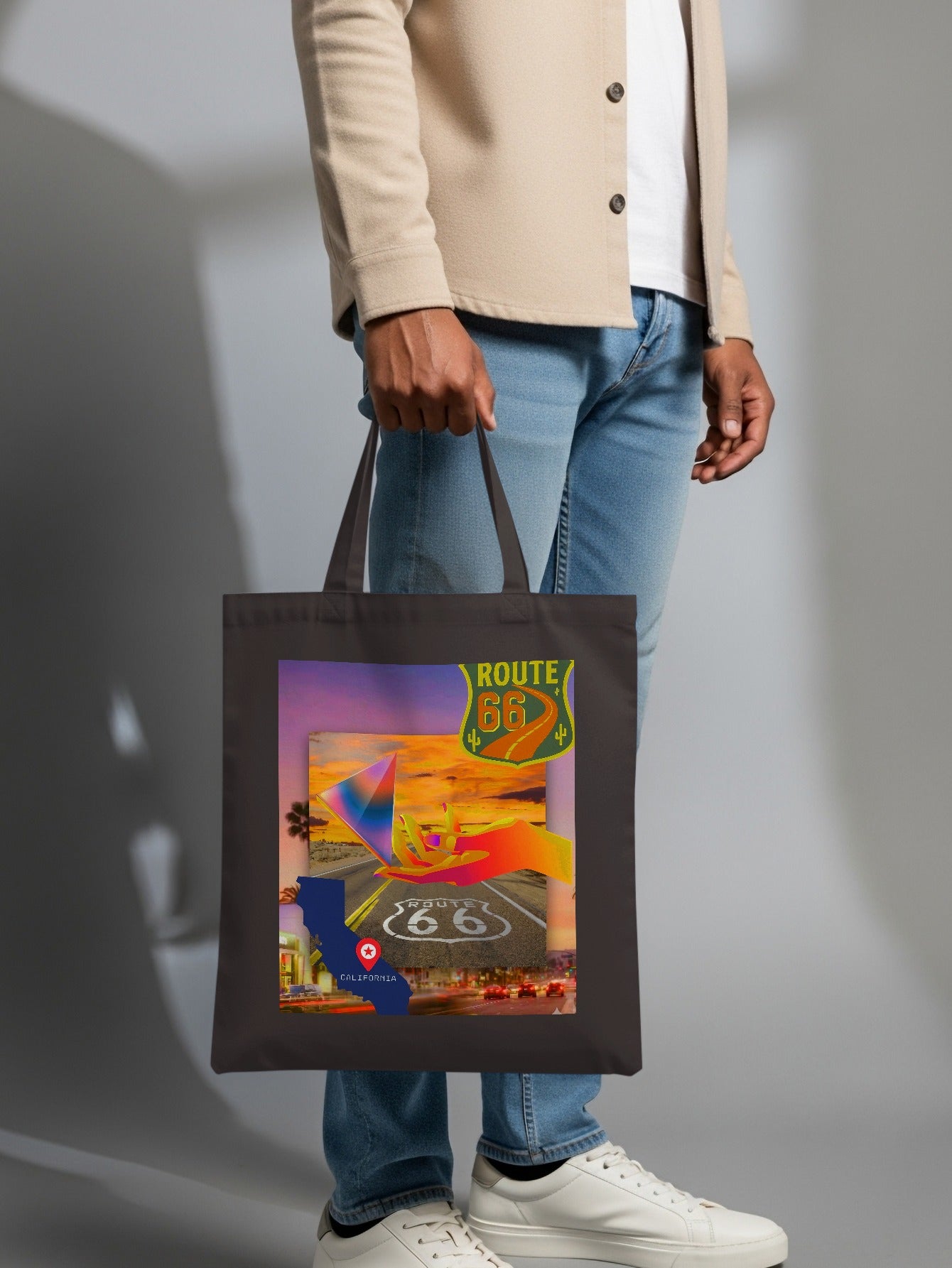 Collage on tote bag features Route 66, California, and abstract colorful imagery.