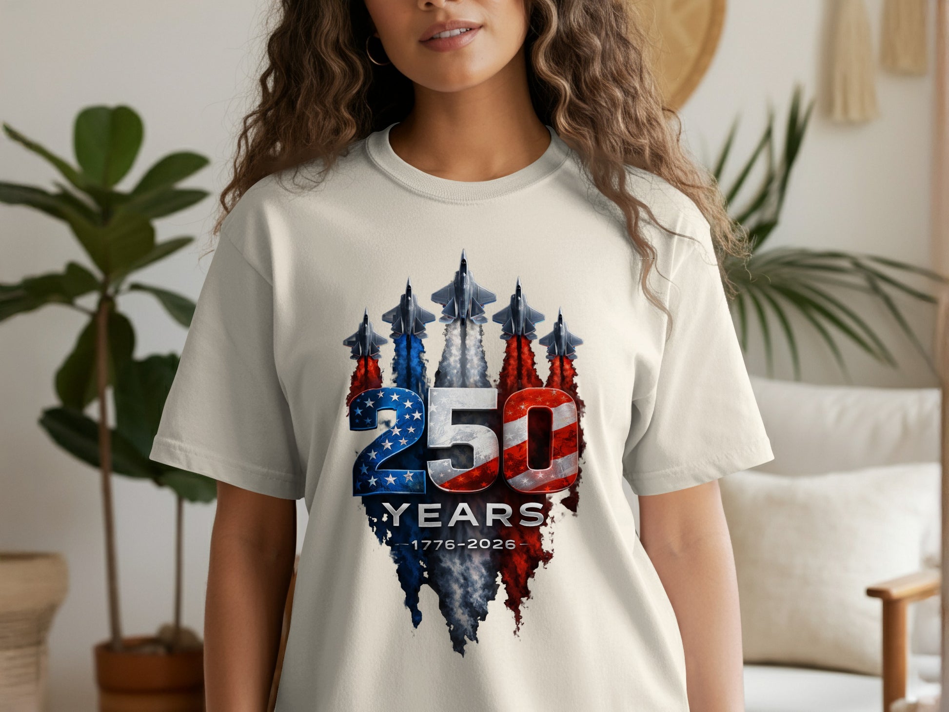 T-shirt with "250 YEARS 1776-2026" and American flag jets.