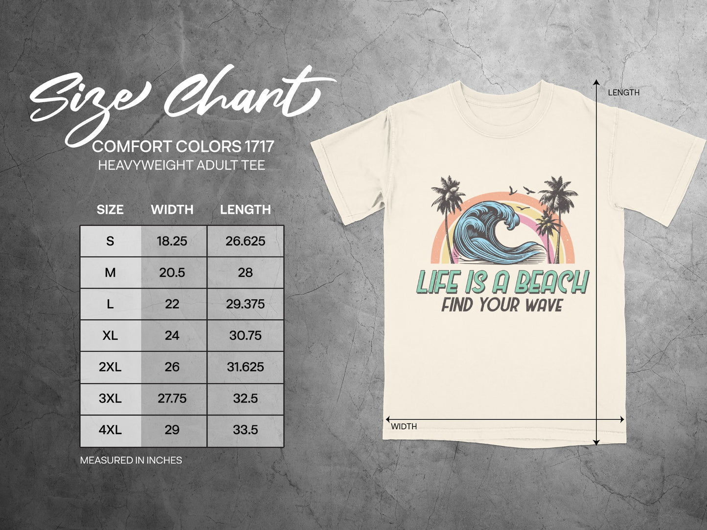 Comfort Colors 1717 size chart with t-shirt graphic.