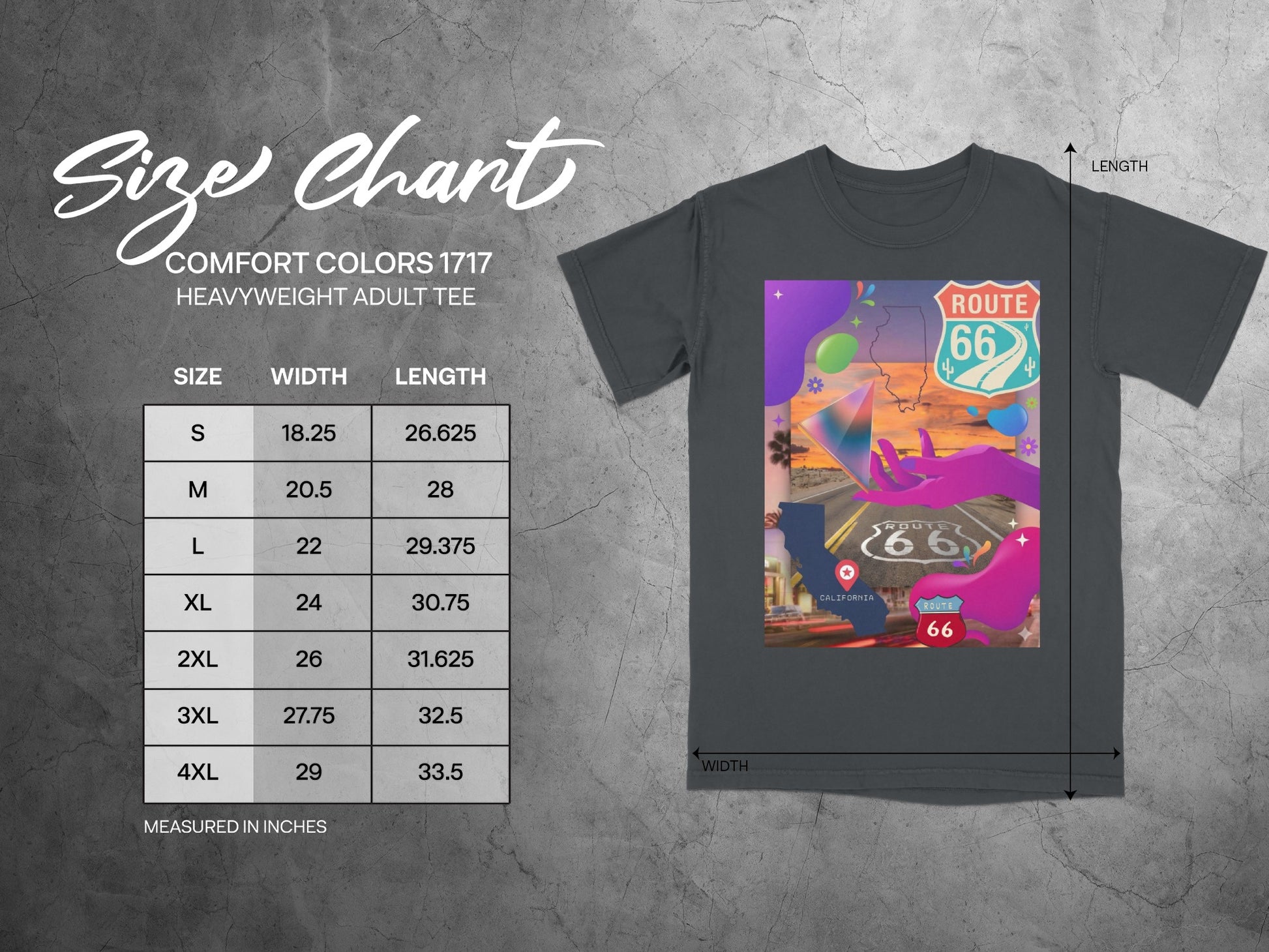 Size chart for a Comfort Colors 1717 heavyweight adult tee in inches.