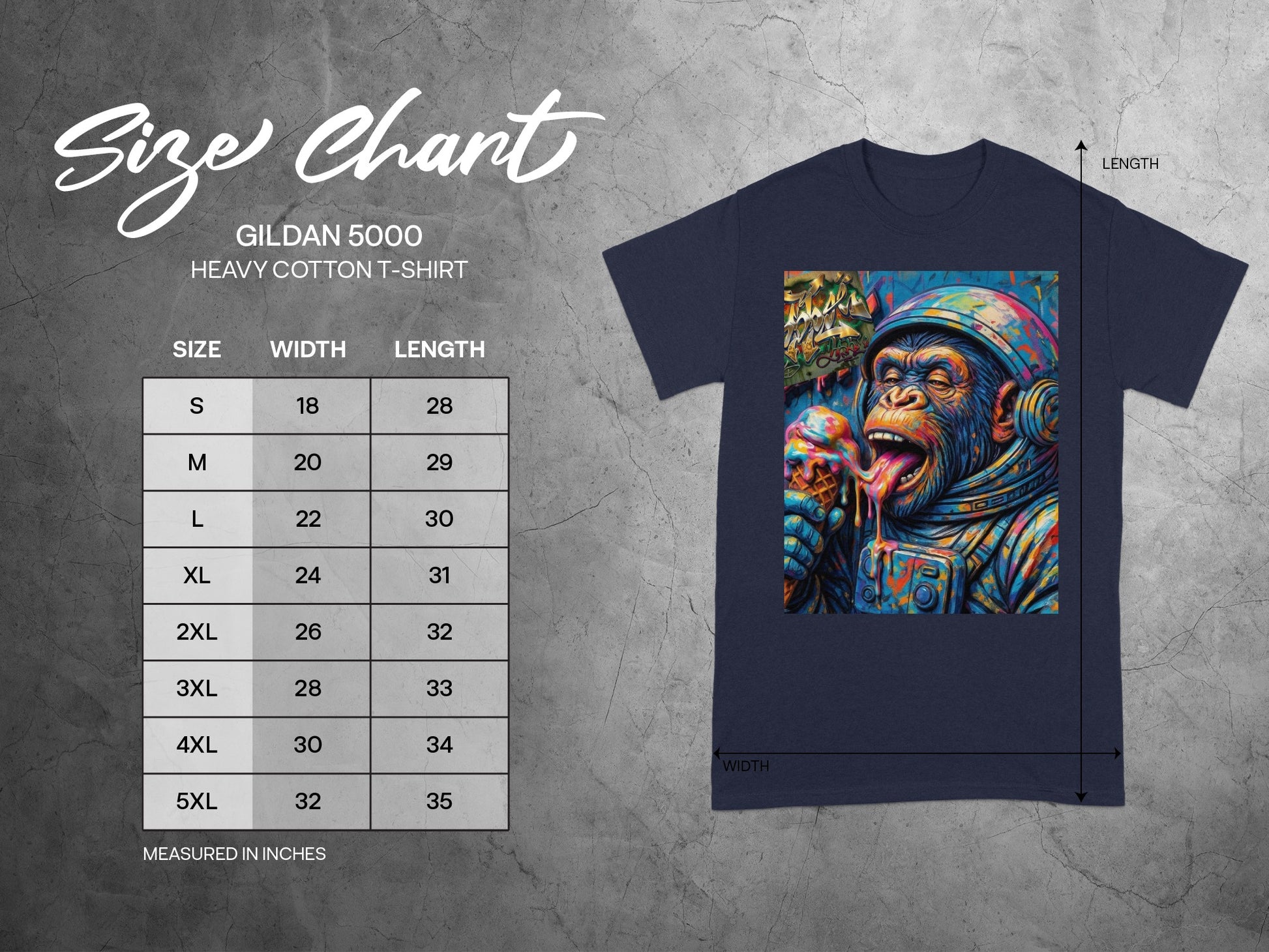 Gildan 5000 heavy cotton t-shirt size chart with monkey graphic.