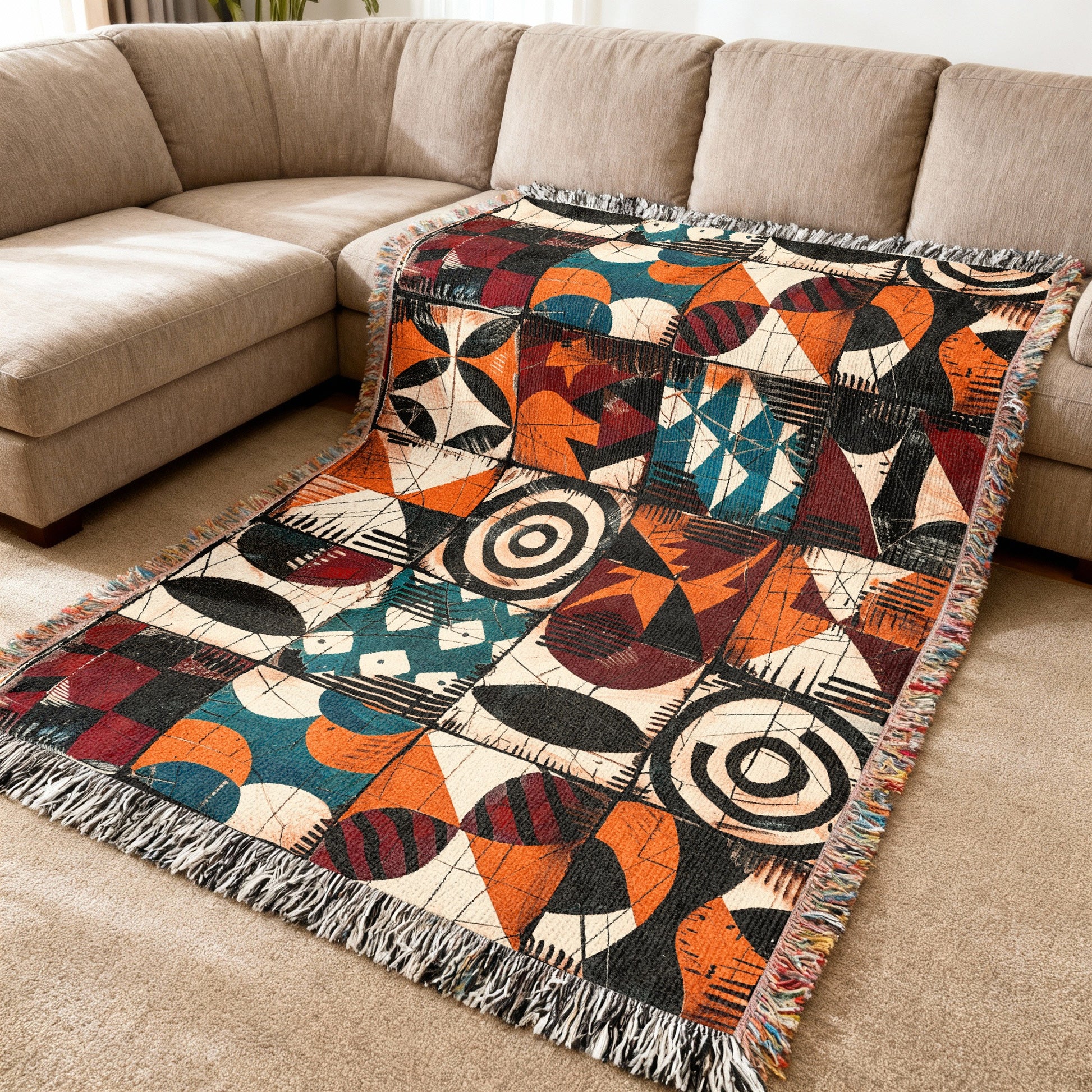 Woven throw blanket with colorful abstract geometric pattern draped on a sectional couch.