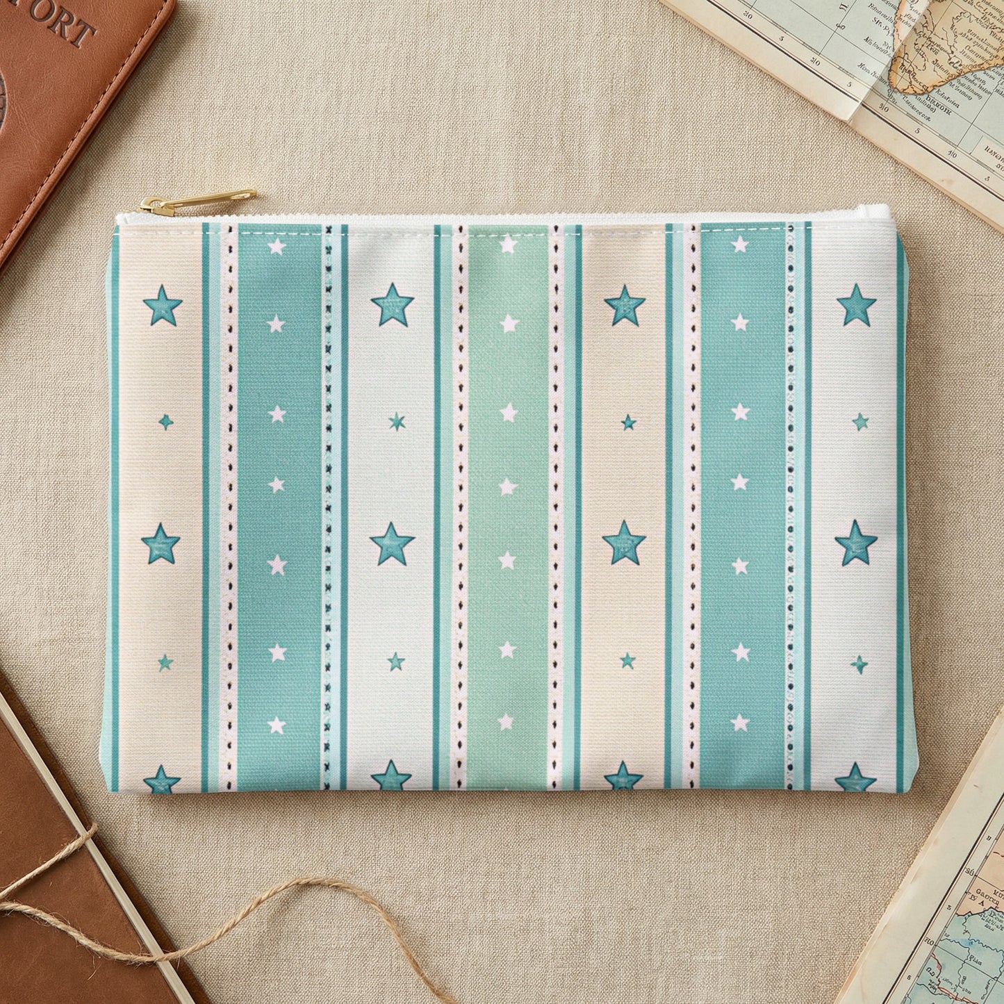 Pouch with teal, cream, and white striped pattern with small and large stars