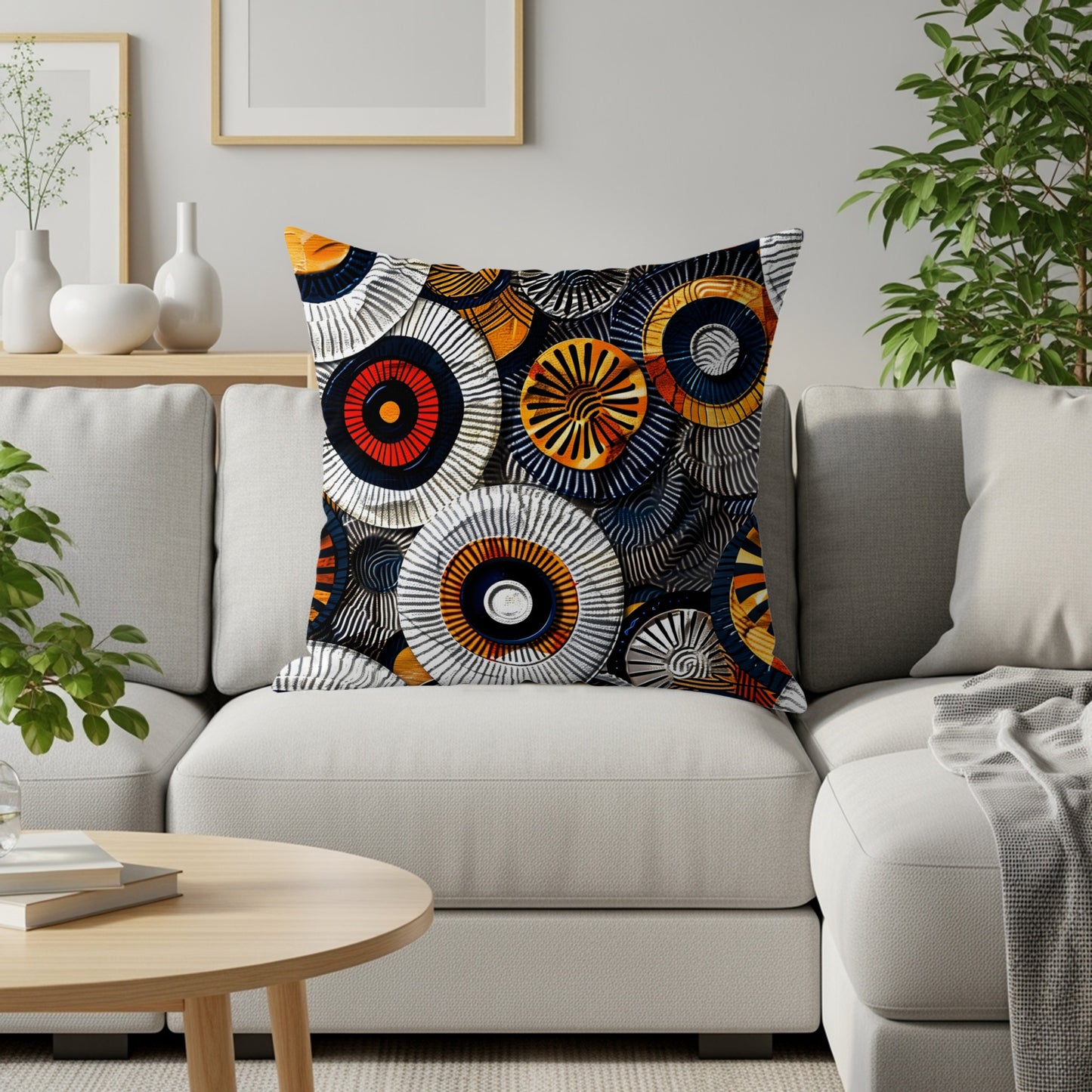 Cushion with abstract circular pattern in navy, orange, and white.