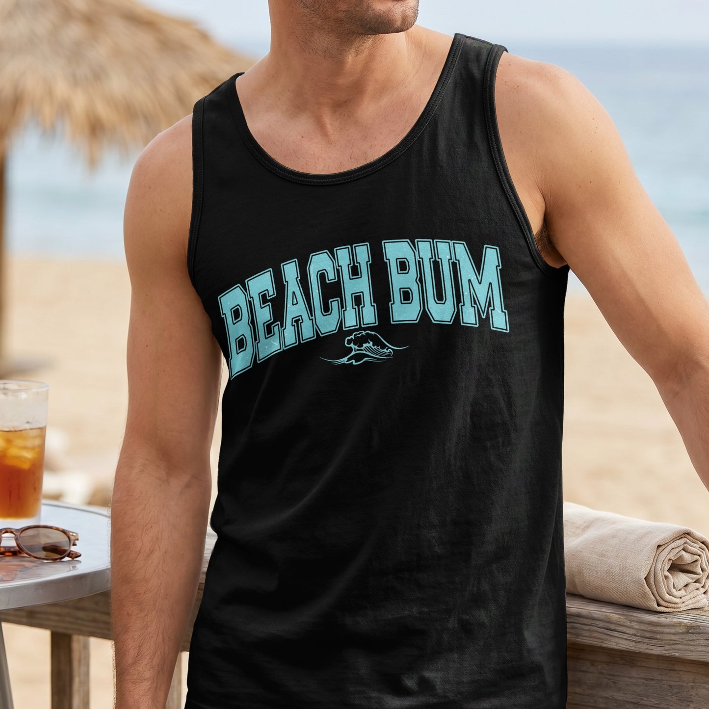 Black tank top with "BEACH BUM" text and a wave graphic.