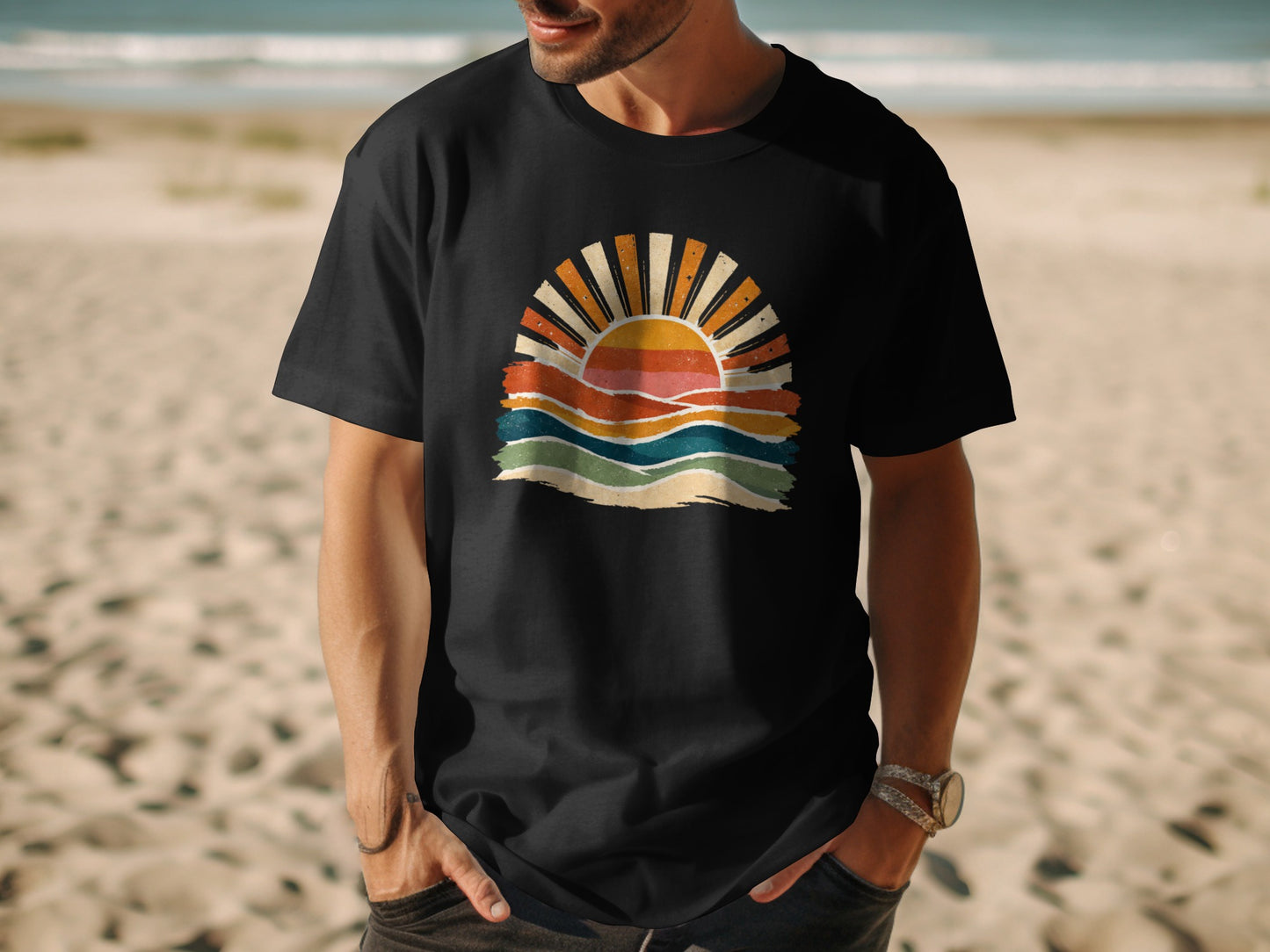Black t-shirt with a colorful retro sunset and ocean wave graphic.