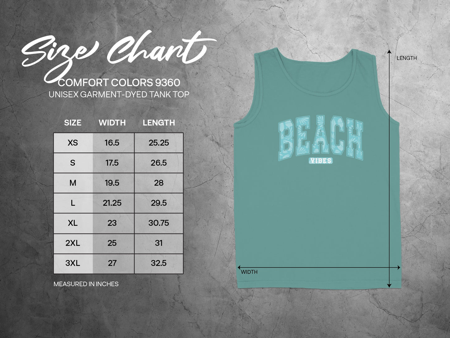 Size chart for Comfort Colors 9360 unisex tank top, listing sizes XS-3XL.
