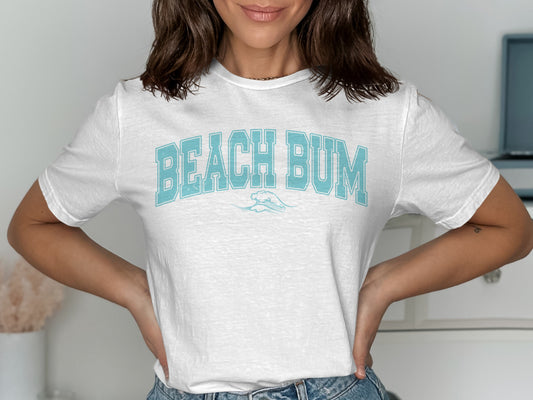 White t-shirt with "BEACH BUM" text and a wave graphic.
