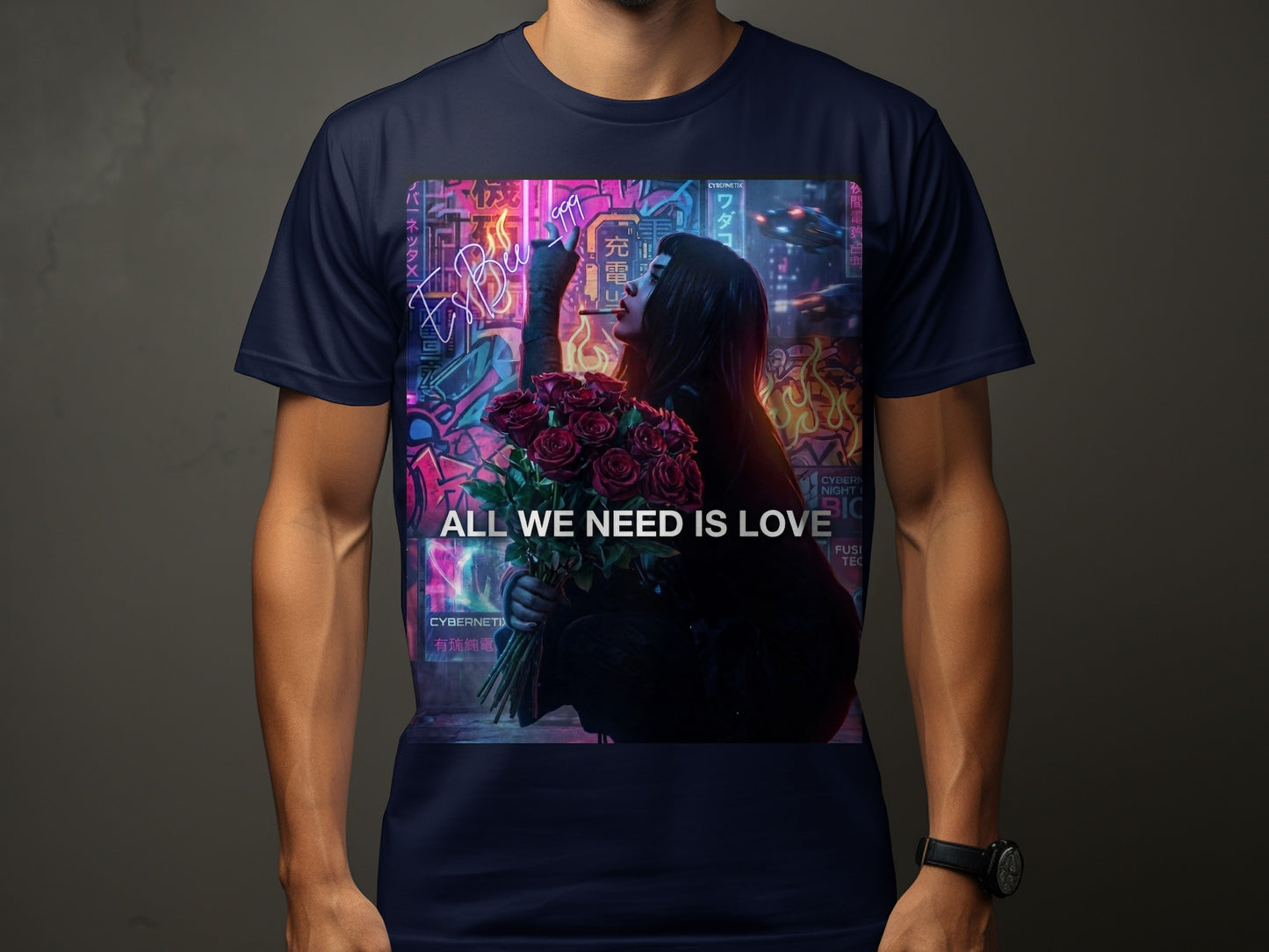 Woman with roses and neon "All We Need Is Love" text.