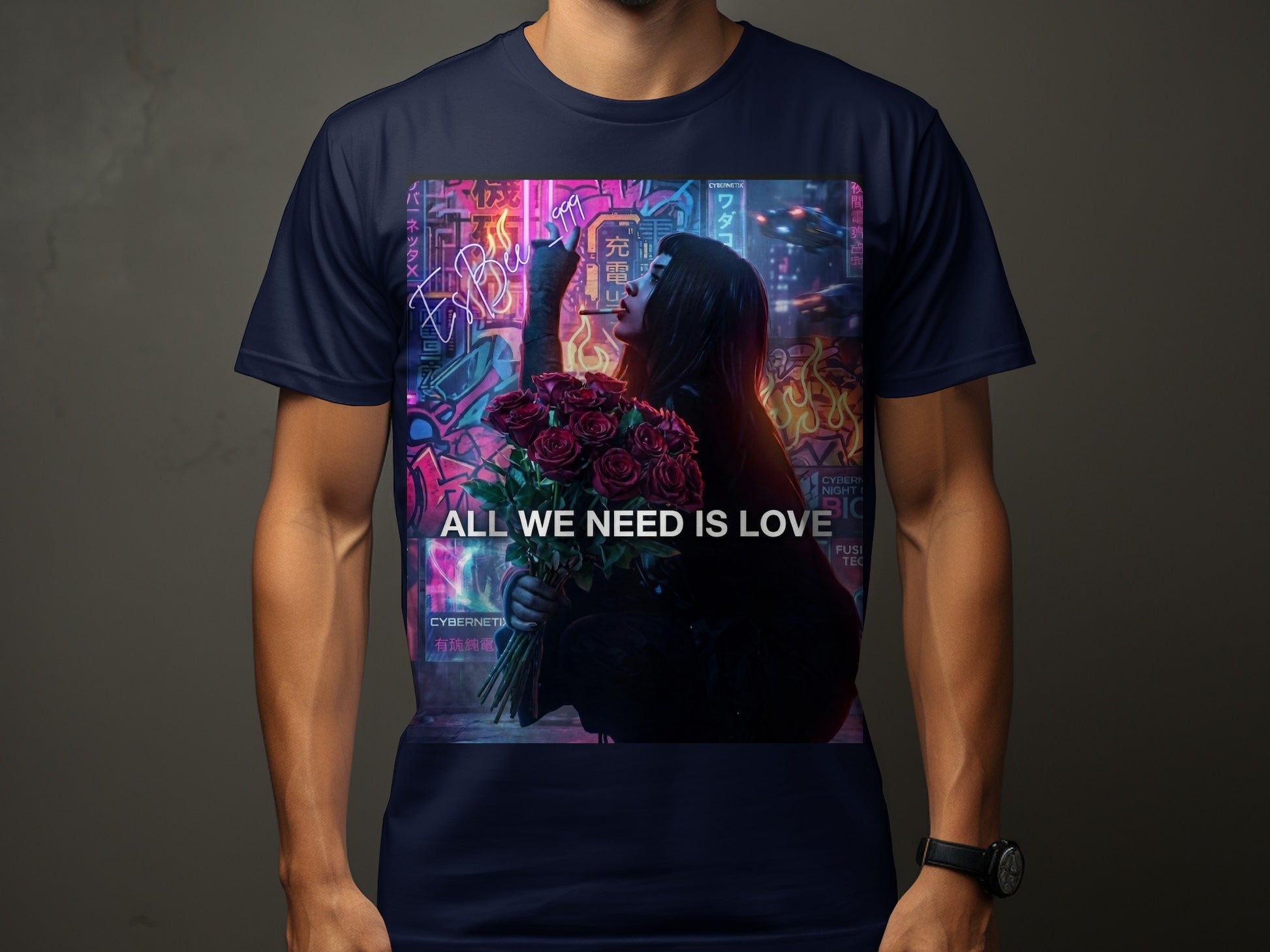 Woman with roses and neon "All We Need Is Love" text.