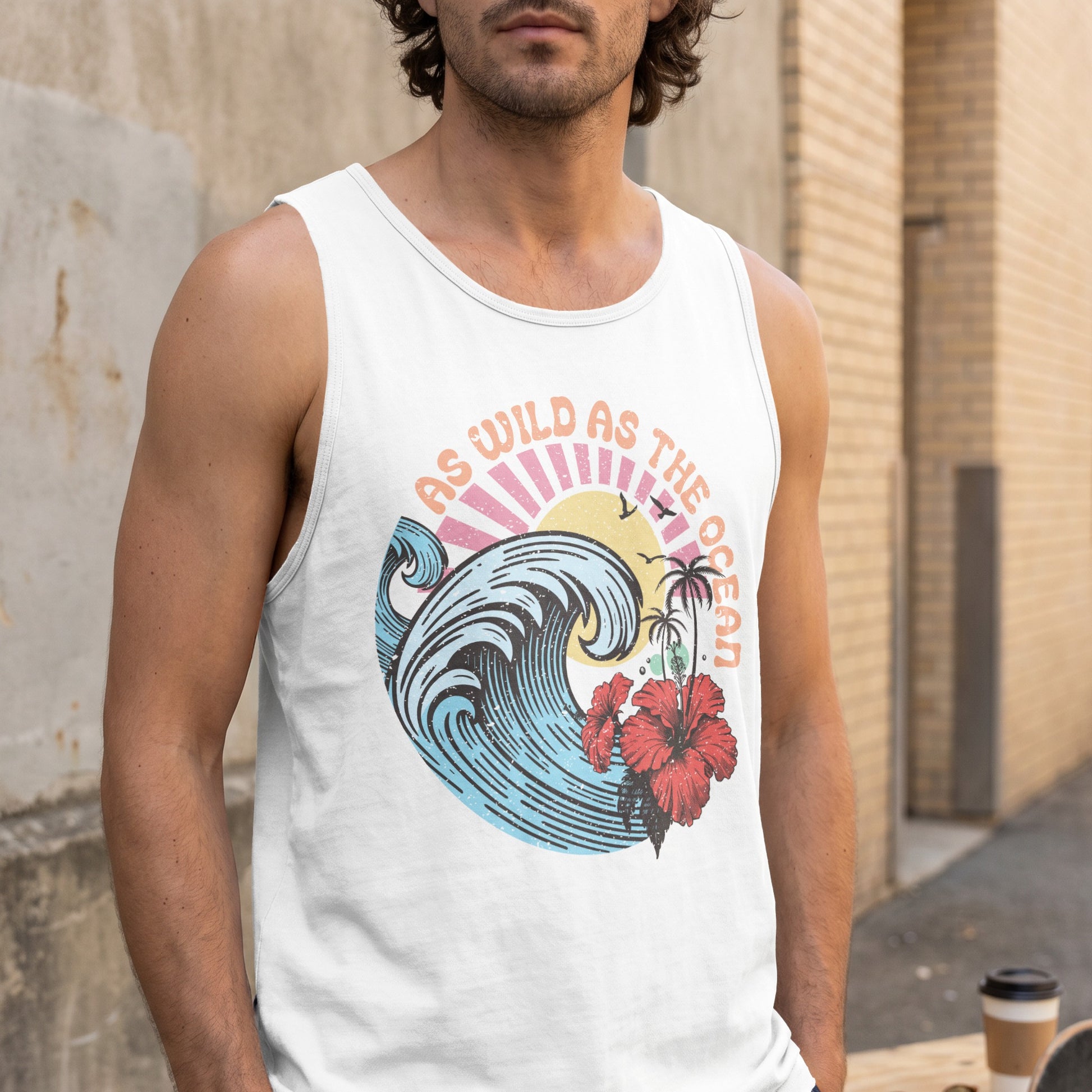 White tank top with "As Wild As The Ocean" graphic featuring a wave and hibiscus.