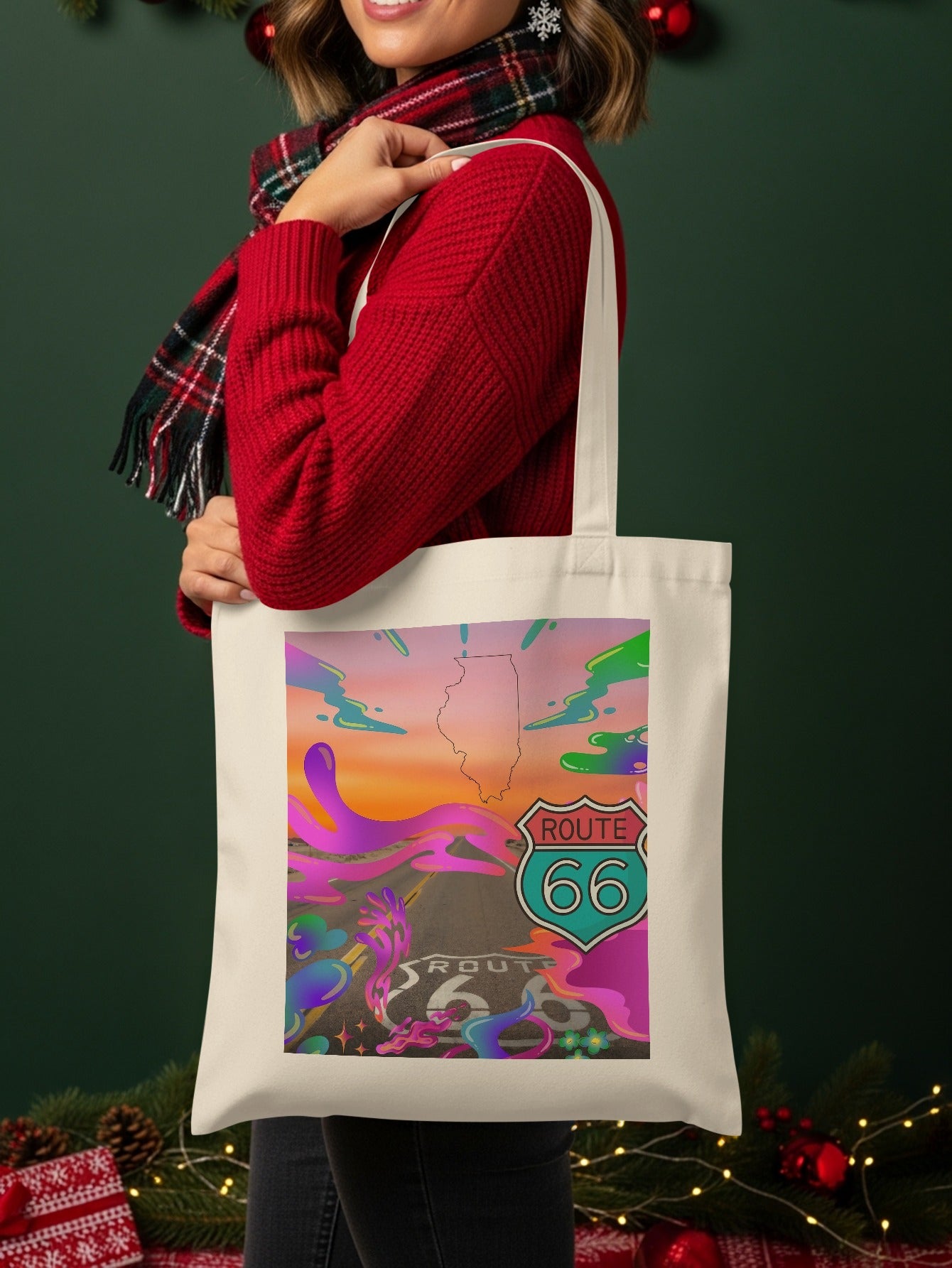 Tote bag featuring a colorful Route 66 sign with abstract elements and Illinois outline.