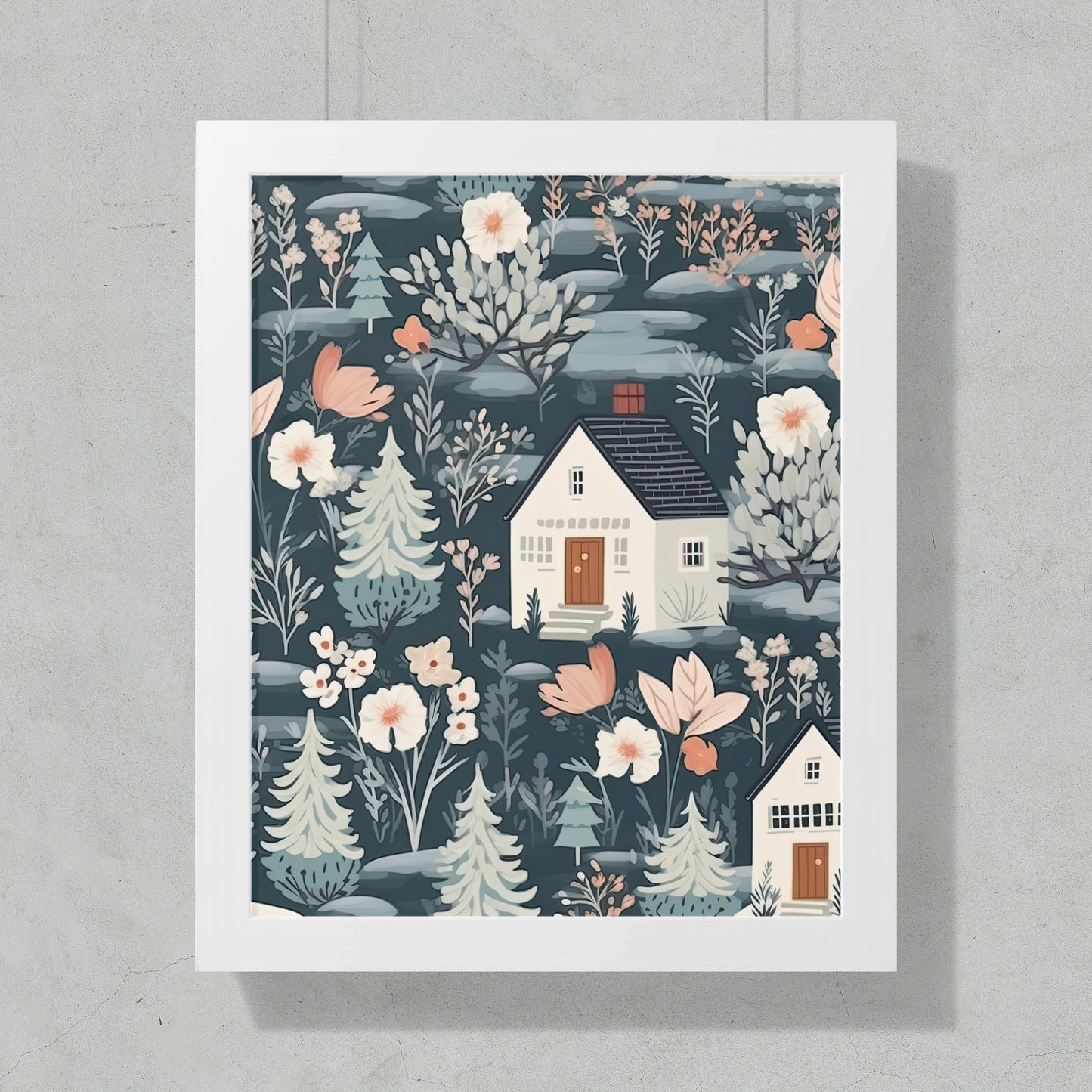 Scenic Cottage and Floral Patterned Wall Art Decor