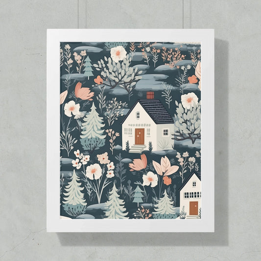 Scenic Cottage and Floral Patterned Wall Art Decor