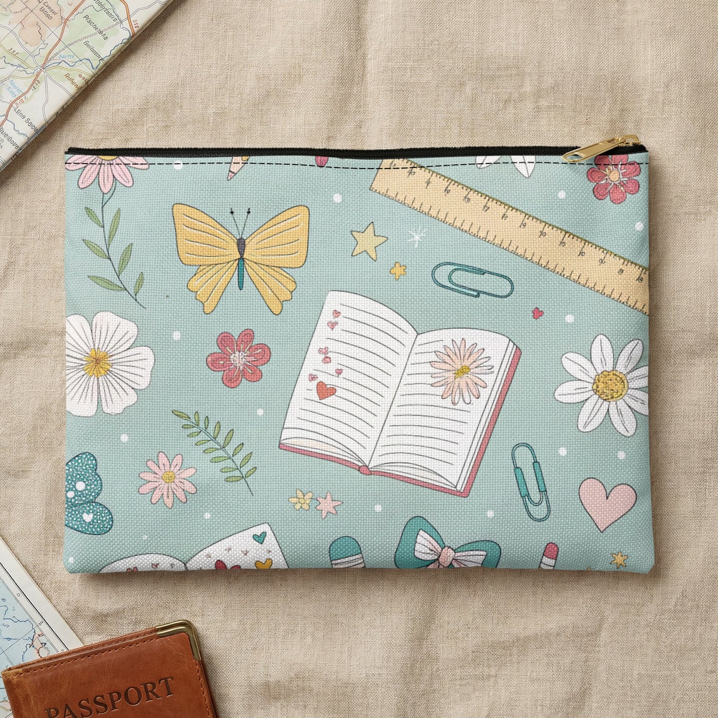 Pencil case with pastel school supplies, flowers, and butterflies pattern.