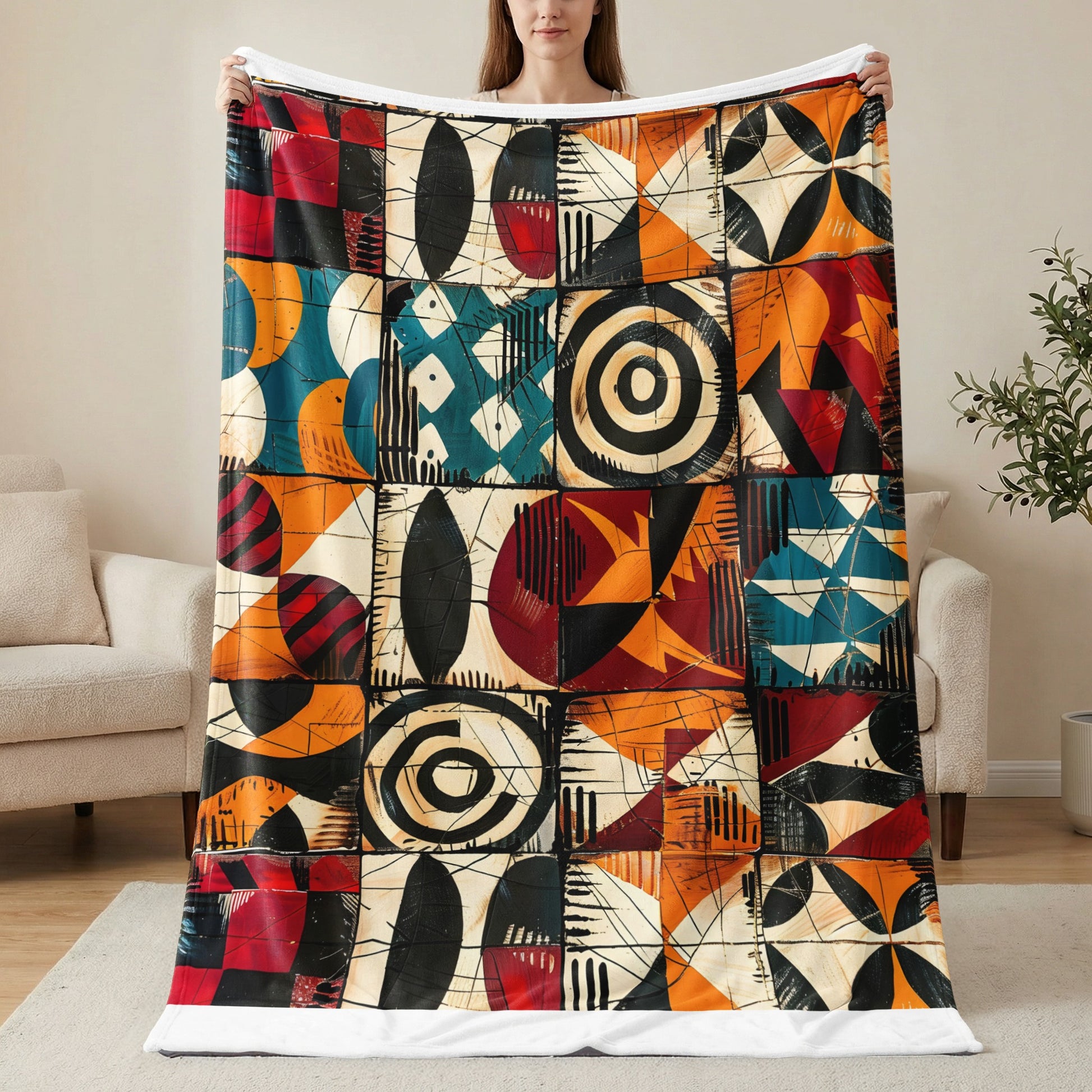 Blanket with a colorful, abstract mosaic pattern of squares and circles.