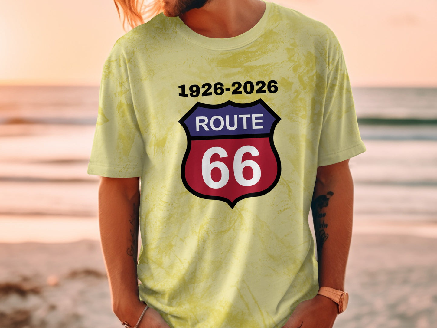 Yellow tie-dye t-shirt with Route 66 shield logo.