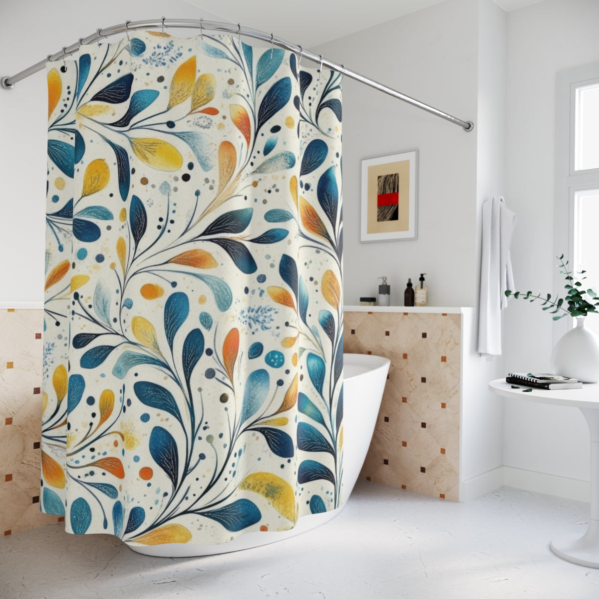 Botanical Leaves Design in Blue and Yellow Shower Curtain