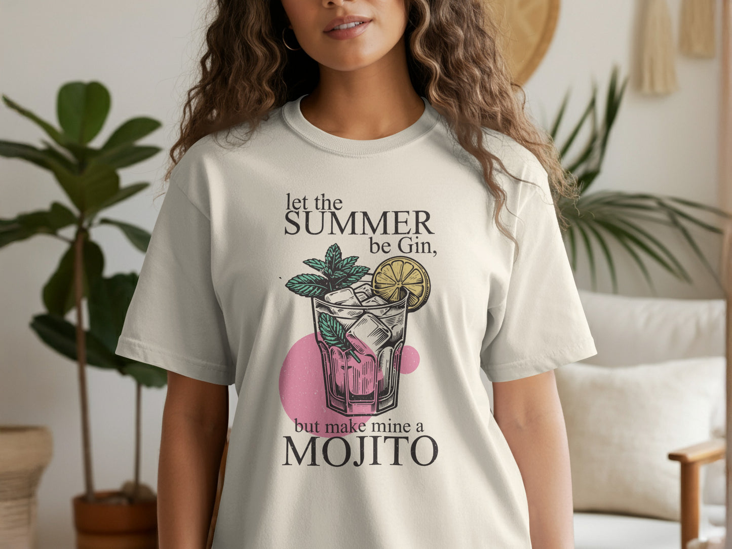 T-shirt with illustration of a mojito and text "let the SUMMER be gin, but make mine a MOJITO".