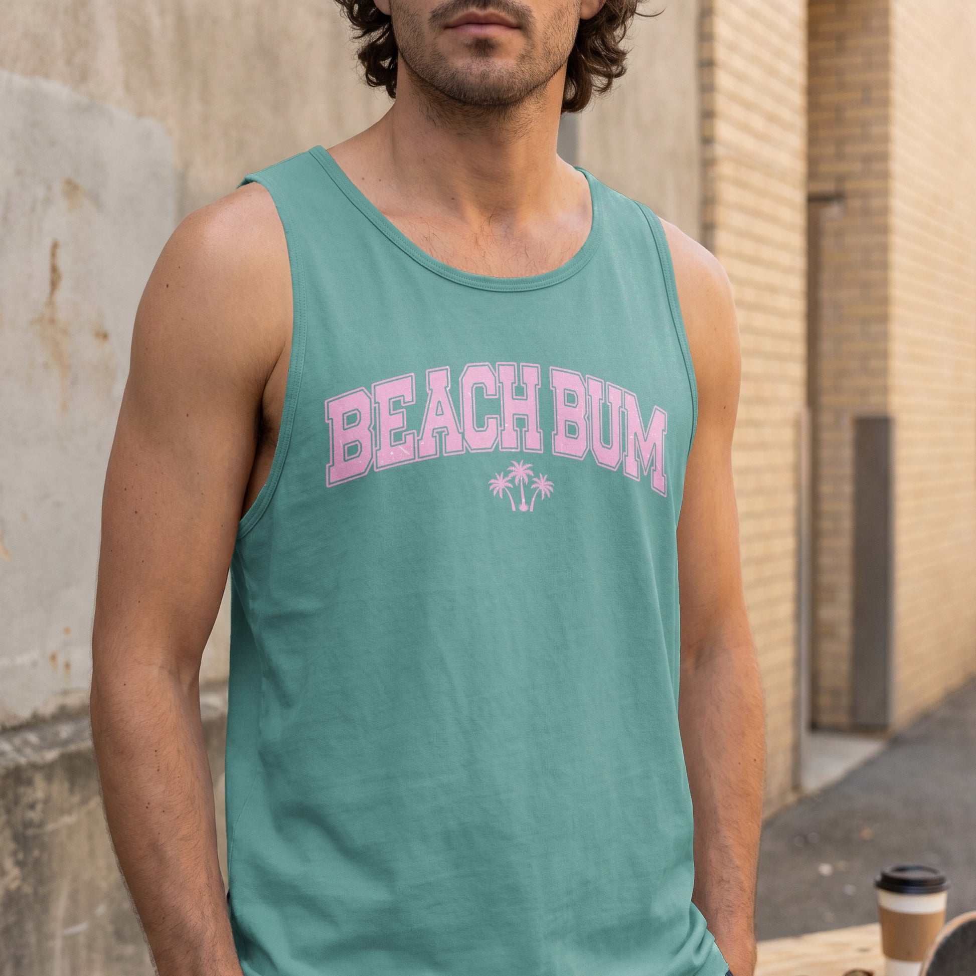 Teal tank top with "Beach Bum" and palm trees in pink text.