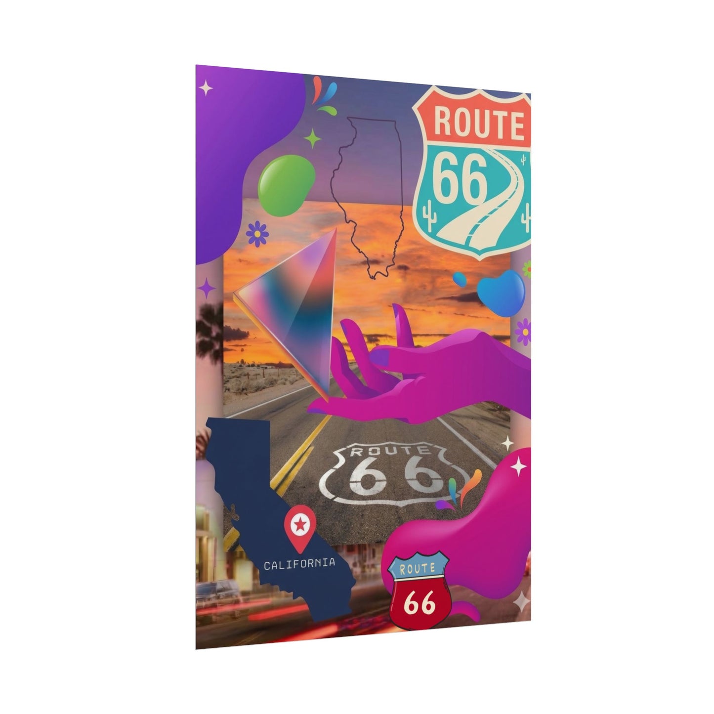Route 66 collage with California map, road, and colorful graphics.
