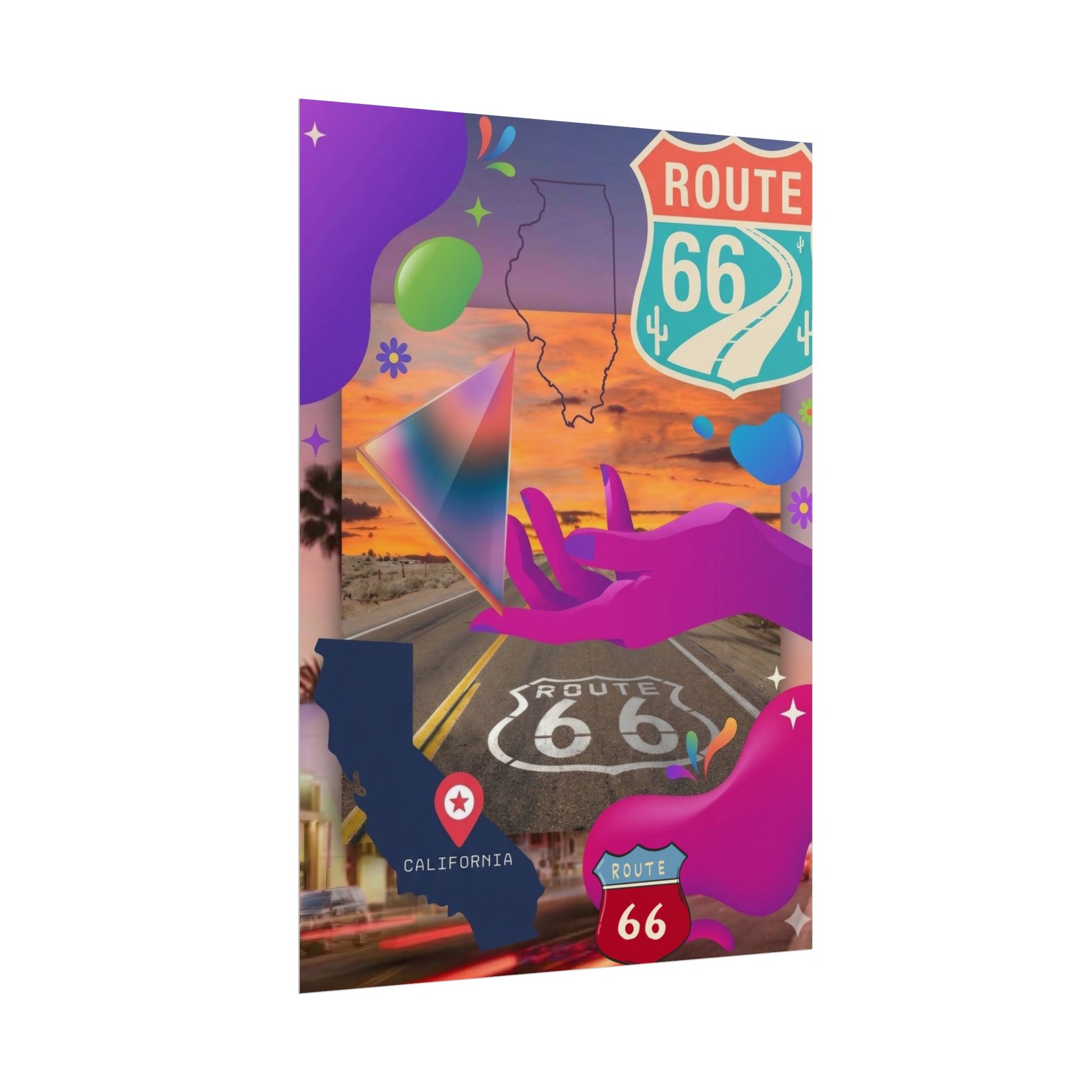 Route 66 collage with California map, road, and colorful graphics.