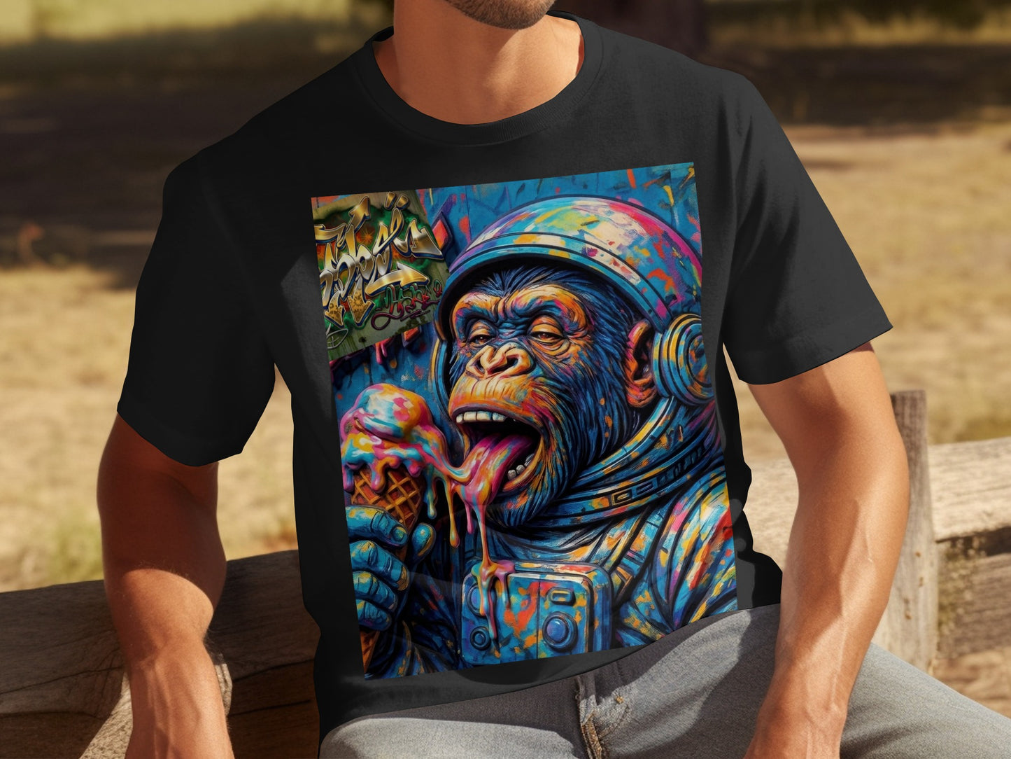 Astronaut monkey eating an ice cream cone with colorful, abstract art background.