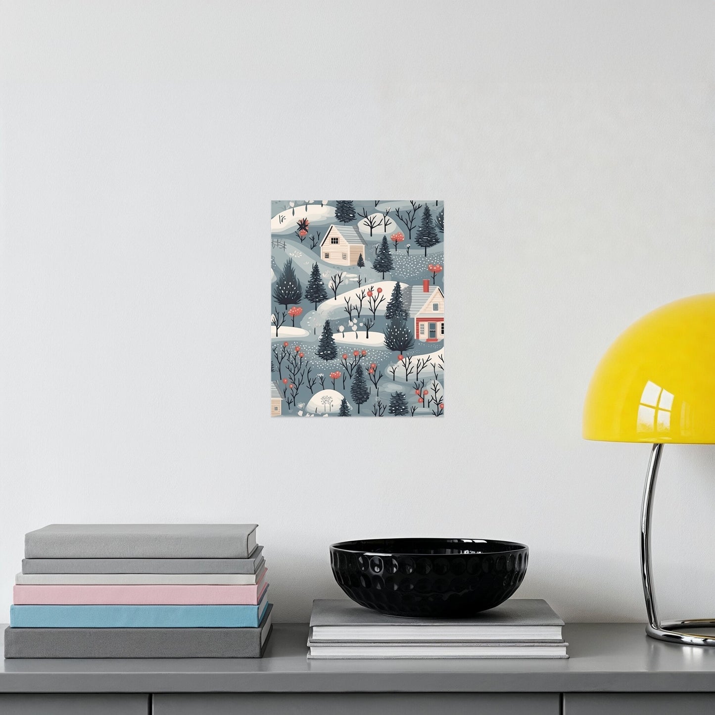 Winter Village Scene Art Print Displaying Cozy Homes