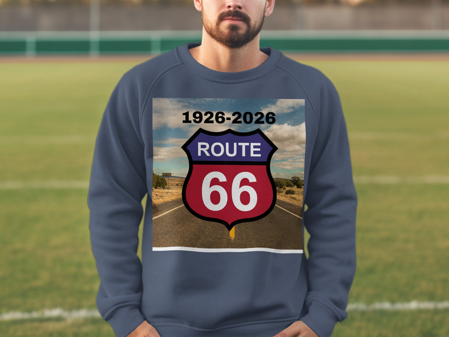 Route 66 shield logo on a man's navy blue sweatshirt.
