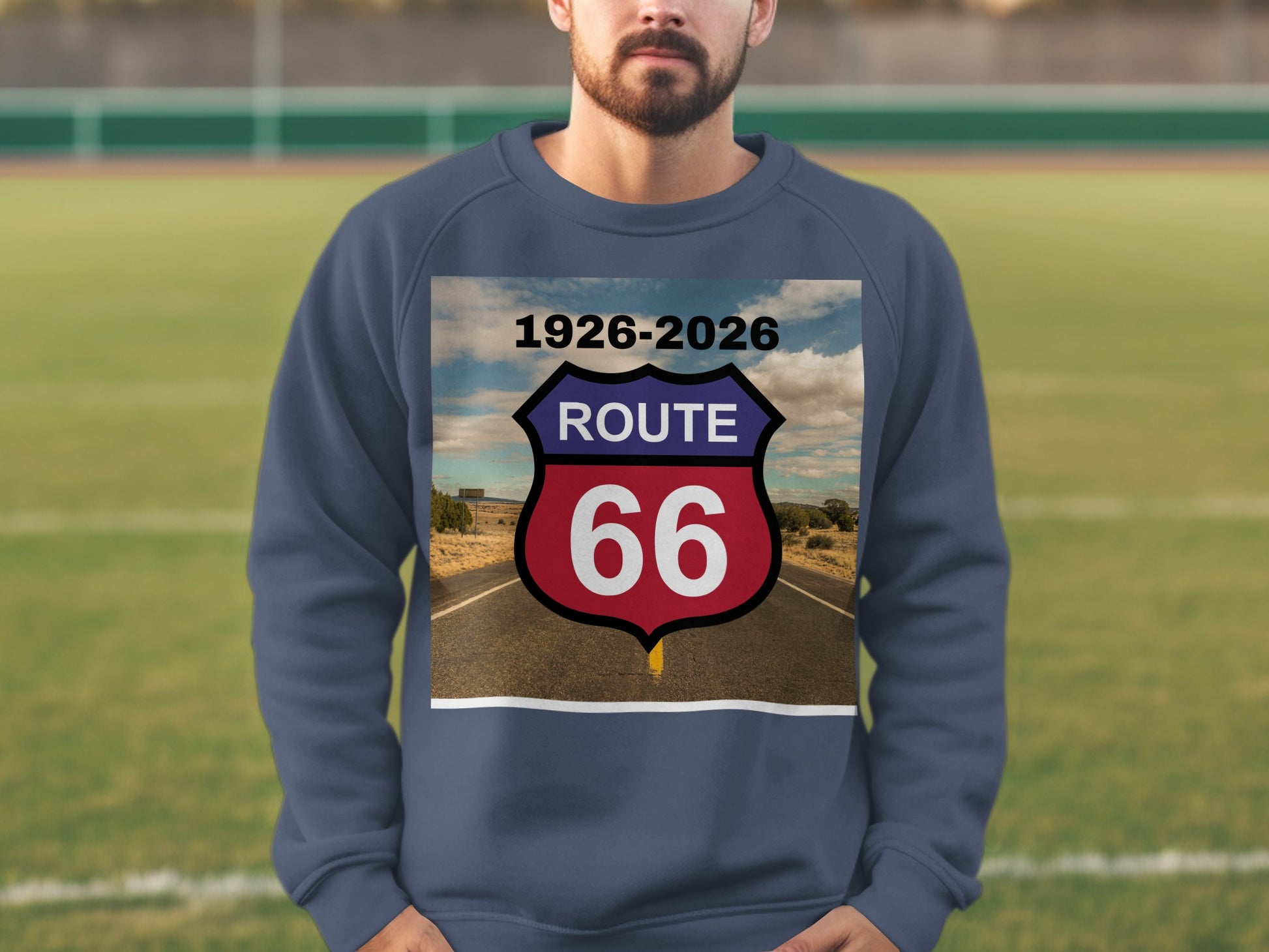 Route 66 shield logo on a man's navy blue sweatshirt.
