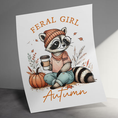 Feral Girl Autumn Raccoon Cozy Autumn Decor Print product type