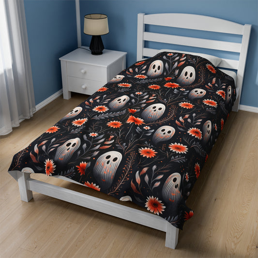 Halloween Ghost Velveteen Plush Blanket, Spooky Bedding, Boho Goth Home Decor,