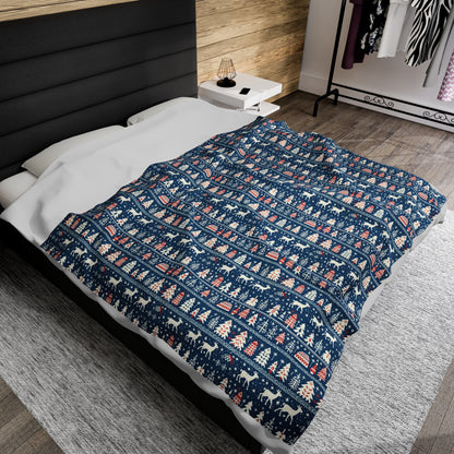 Blue Fair Isle Plush Blanket Cozy Warm Throw Blanket Couch Nordic Decor